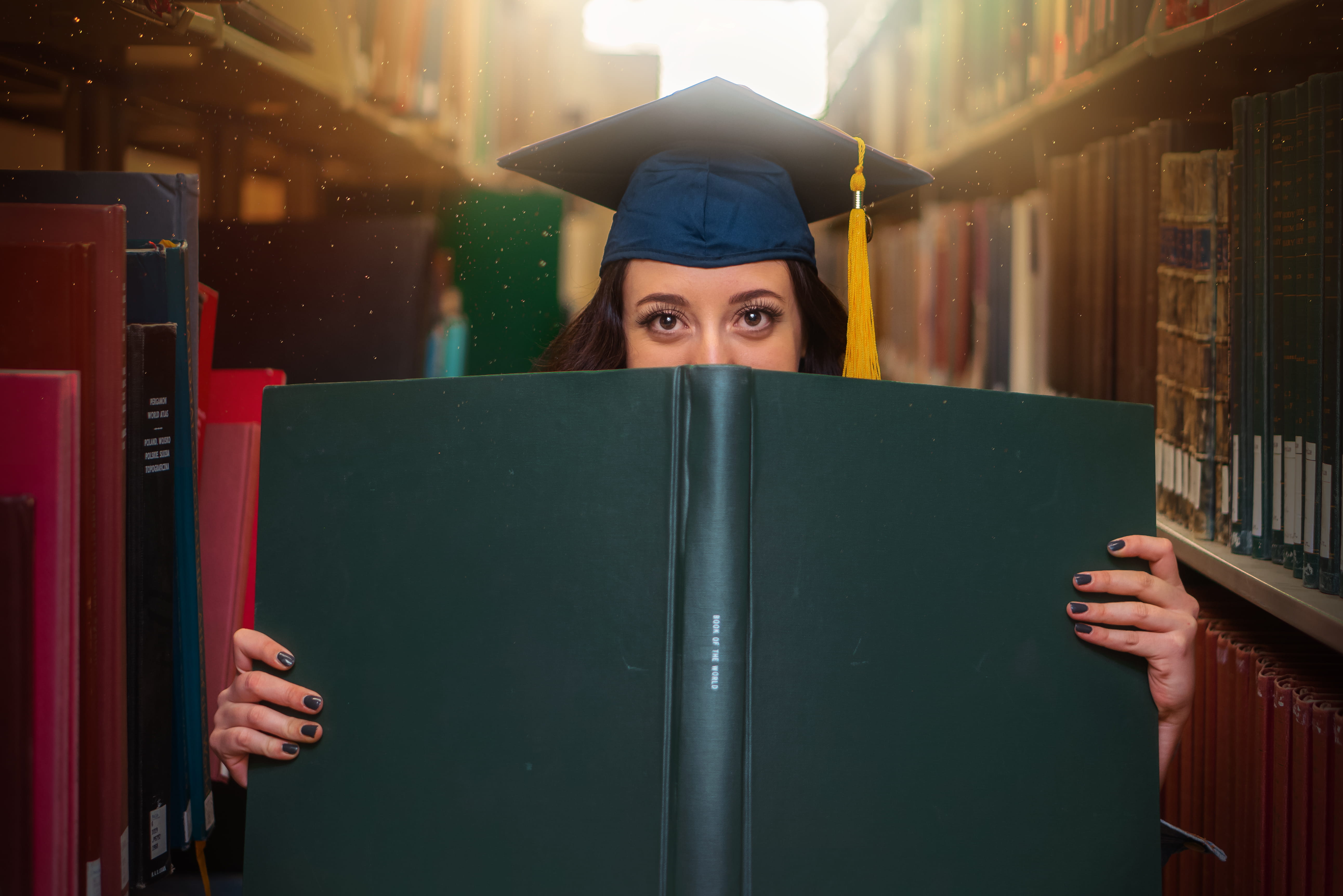 gold, person, student, smart, glow, magic, green, young adult, girl, books, eyes, learning, cap, congrats, university, young women, education, 2019, school, HD Wallpaper