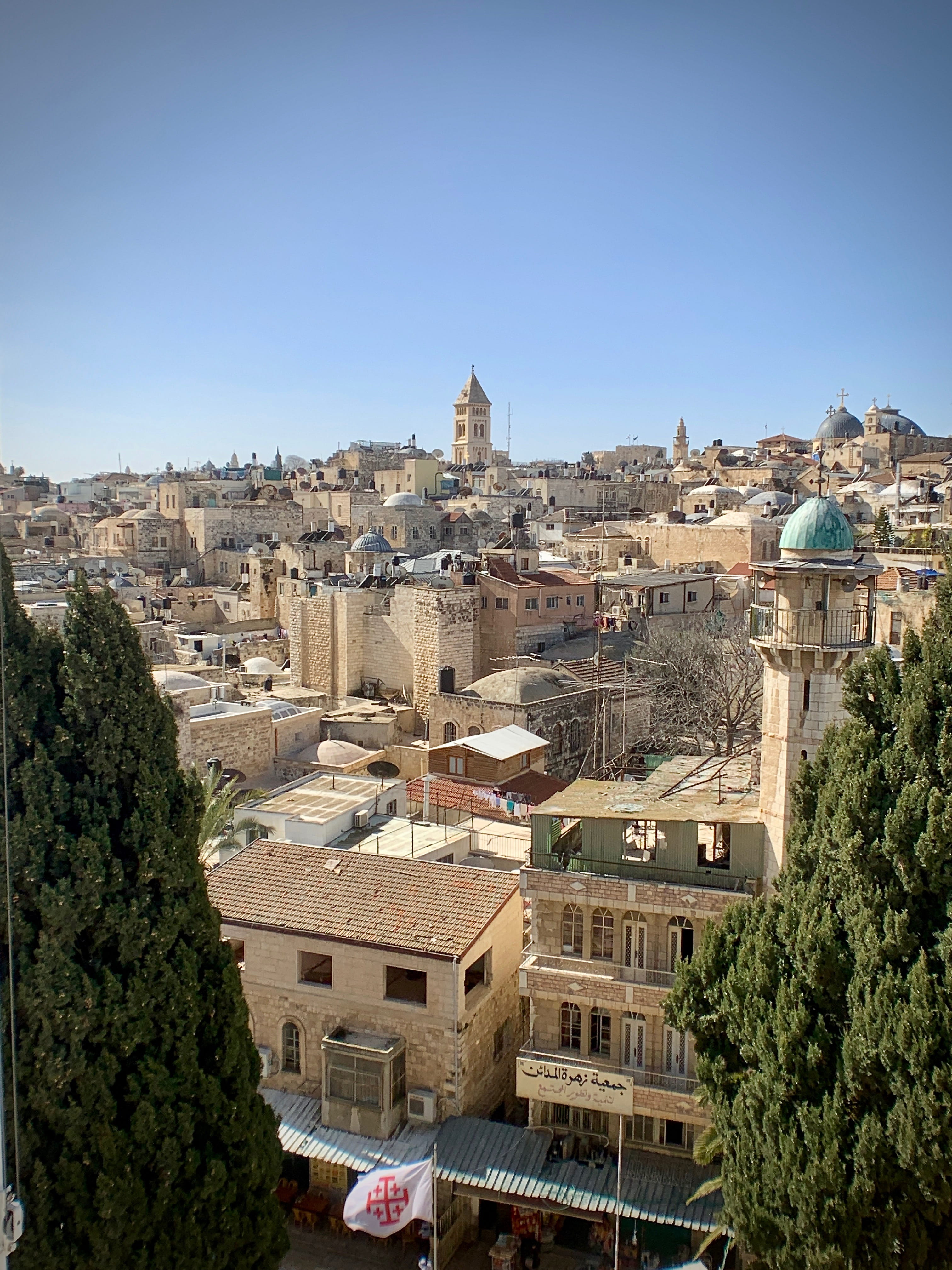 israel, building, landscape, residential district, city, jerusalem, steeple, built structure, cityscape, aerial view, architecture, blue, sky, spire, tree, Phone HD Wallpaper