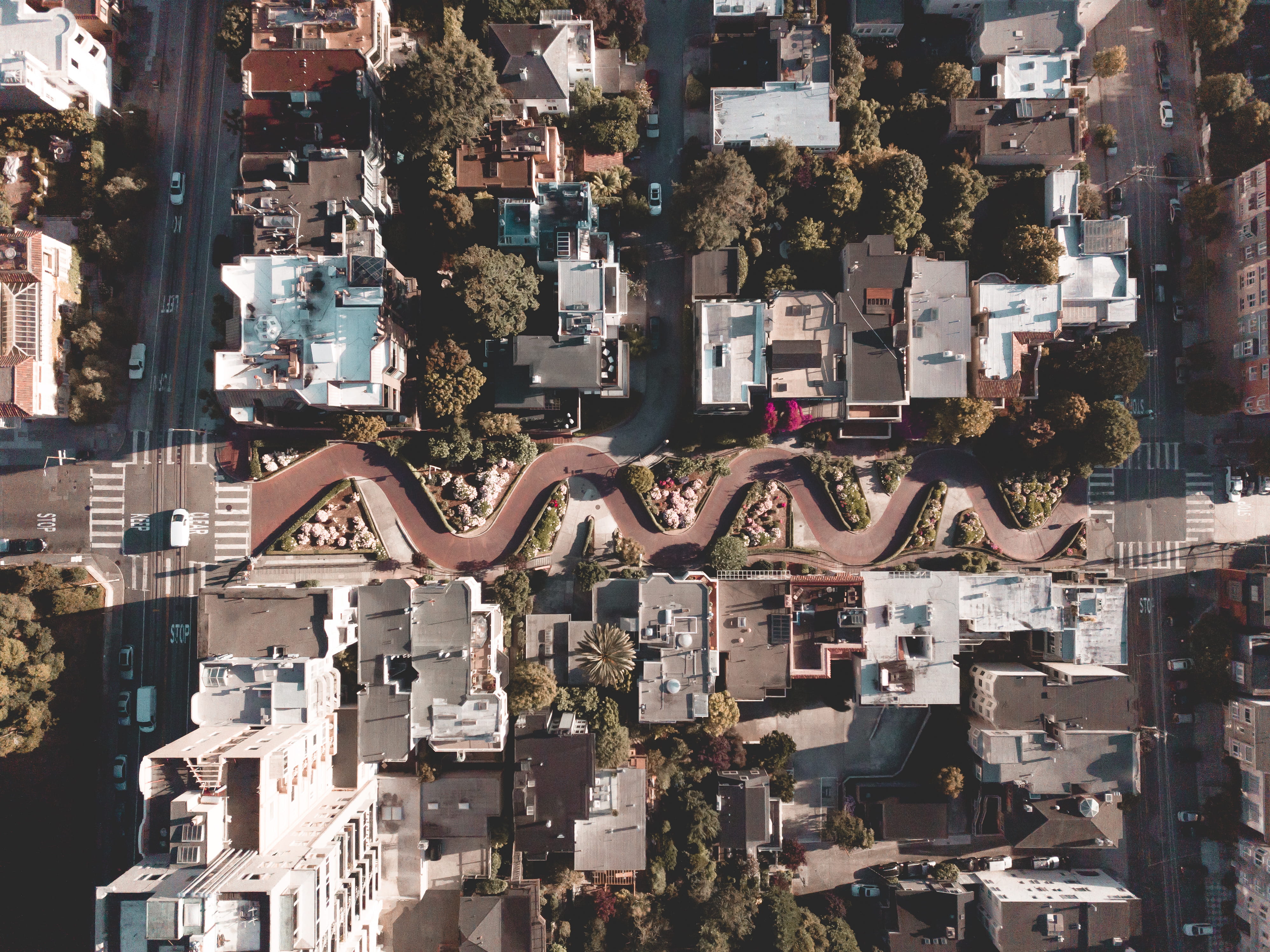 residential district, building exterior, lombard, community, iconic, neighborhood, turn, building, photography, topdown, drone, day, full frame, street, HD Wallpaper