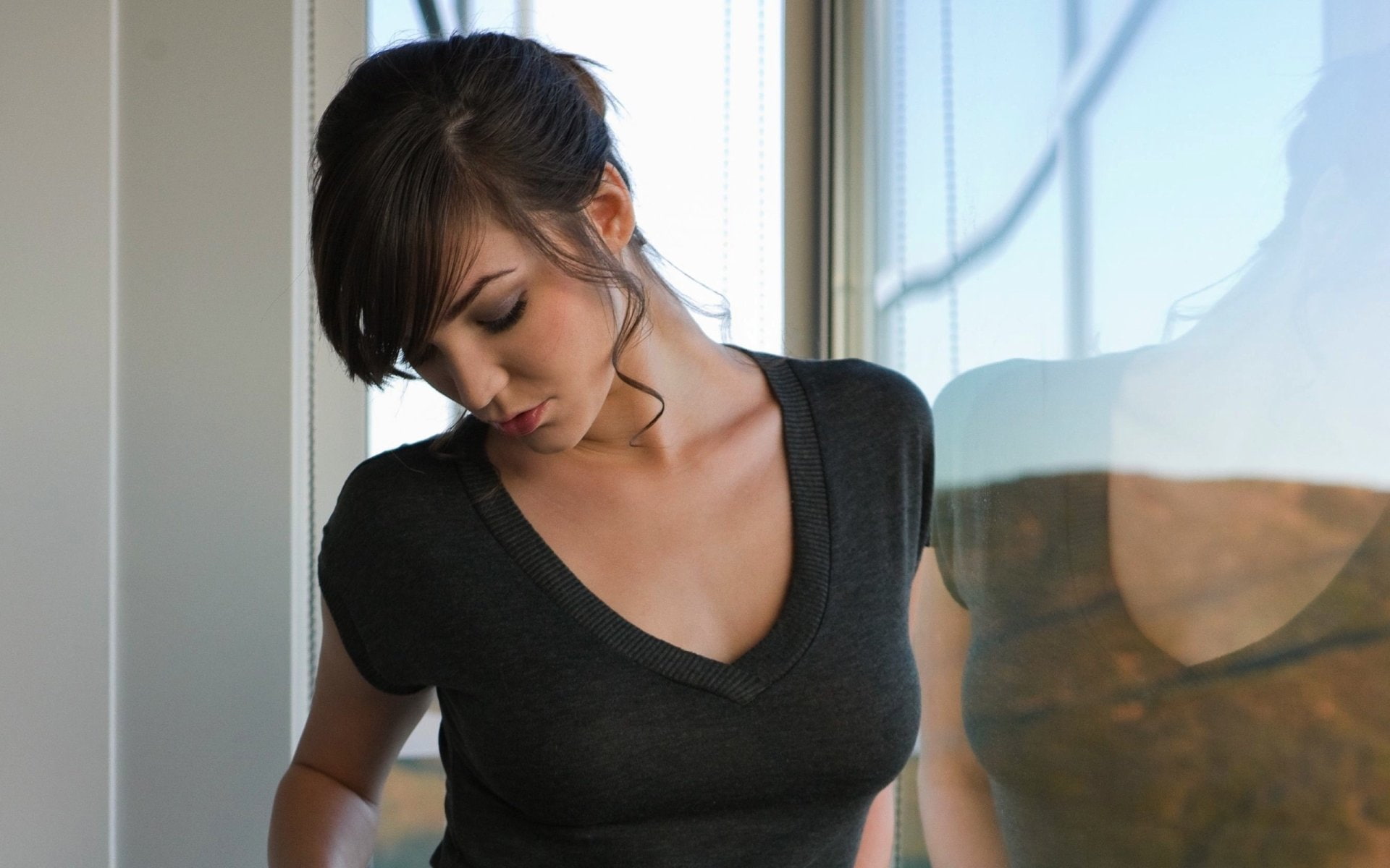 young adult, day, front view, casual clothing, looking down, waist up, hairstyle, 1080P, women, one person, top - garment, portrait, adult, contemplation, HD Wallpaper