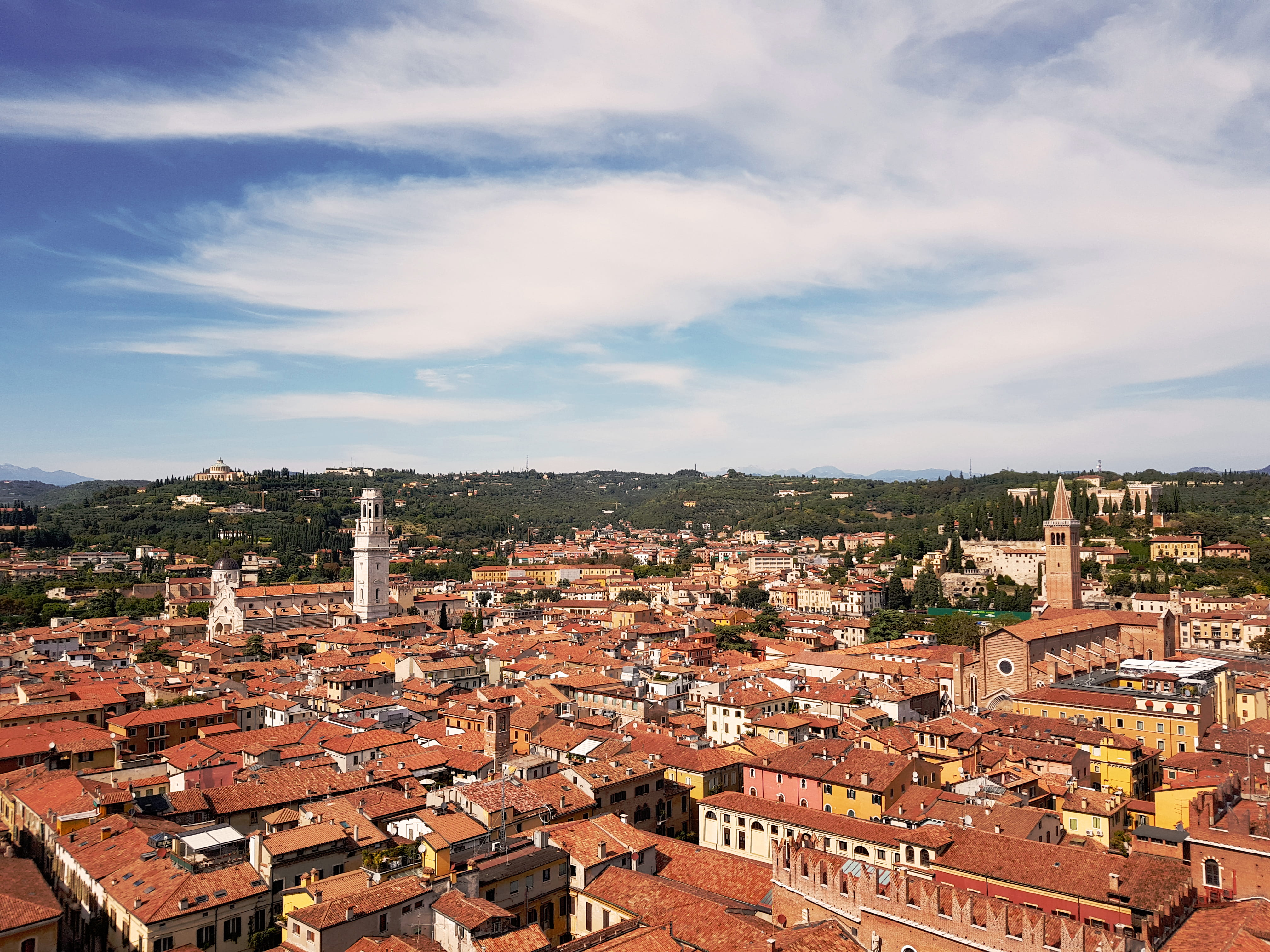 community, outdoors, mountains, colored buildings, churches, sky, building exterior, roof, verona, townscape, town, cityscape, p. signori, built structure, HD Wallpaper