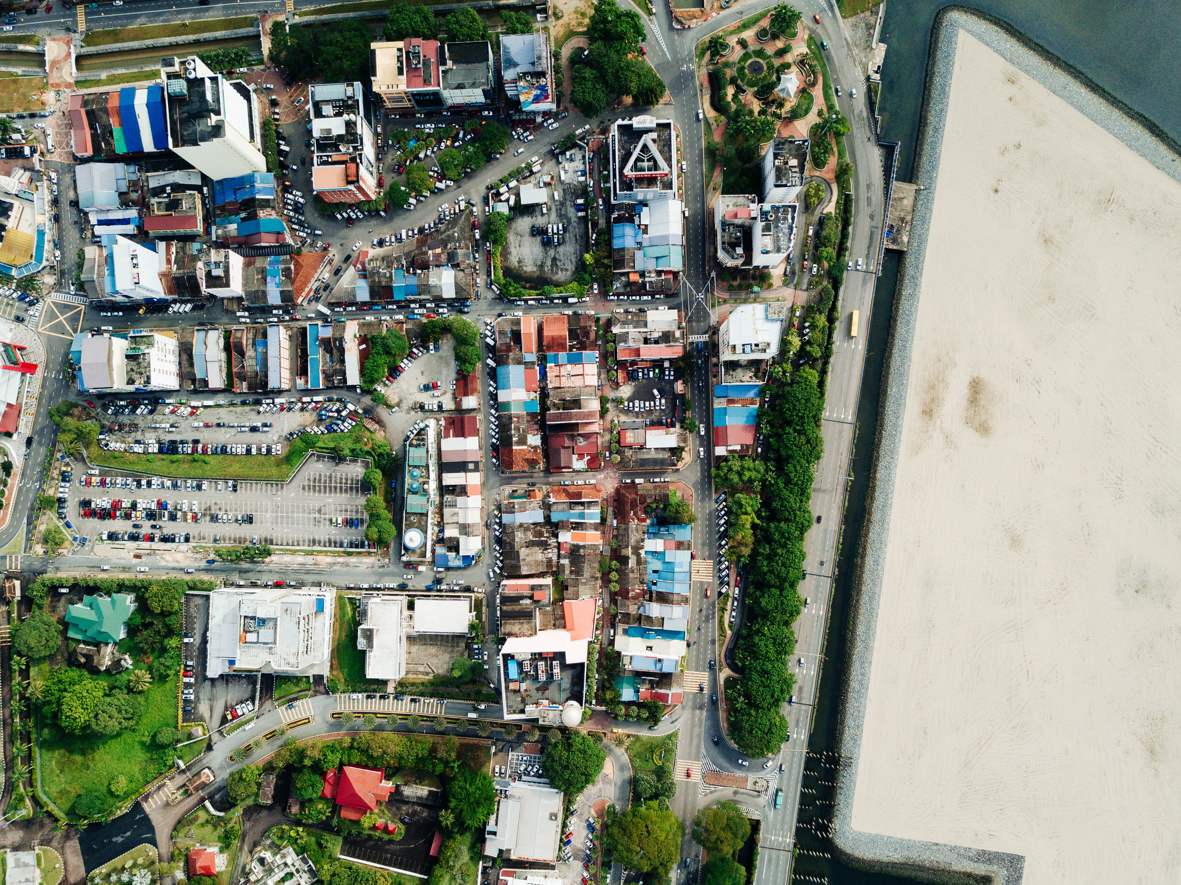 building, high angle view, transportation, outdoors, houses, community, no people, day, land vehicle, town, drone view, 4K, built structure, plant, buildings, HD Wallpaper