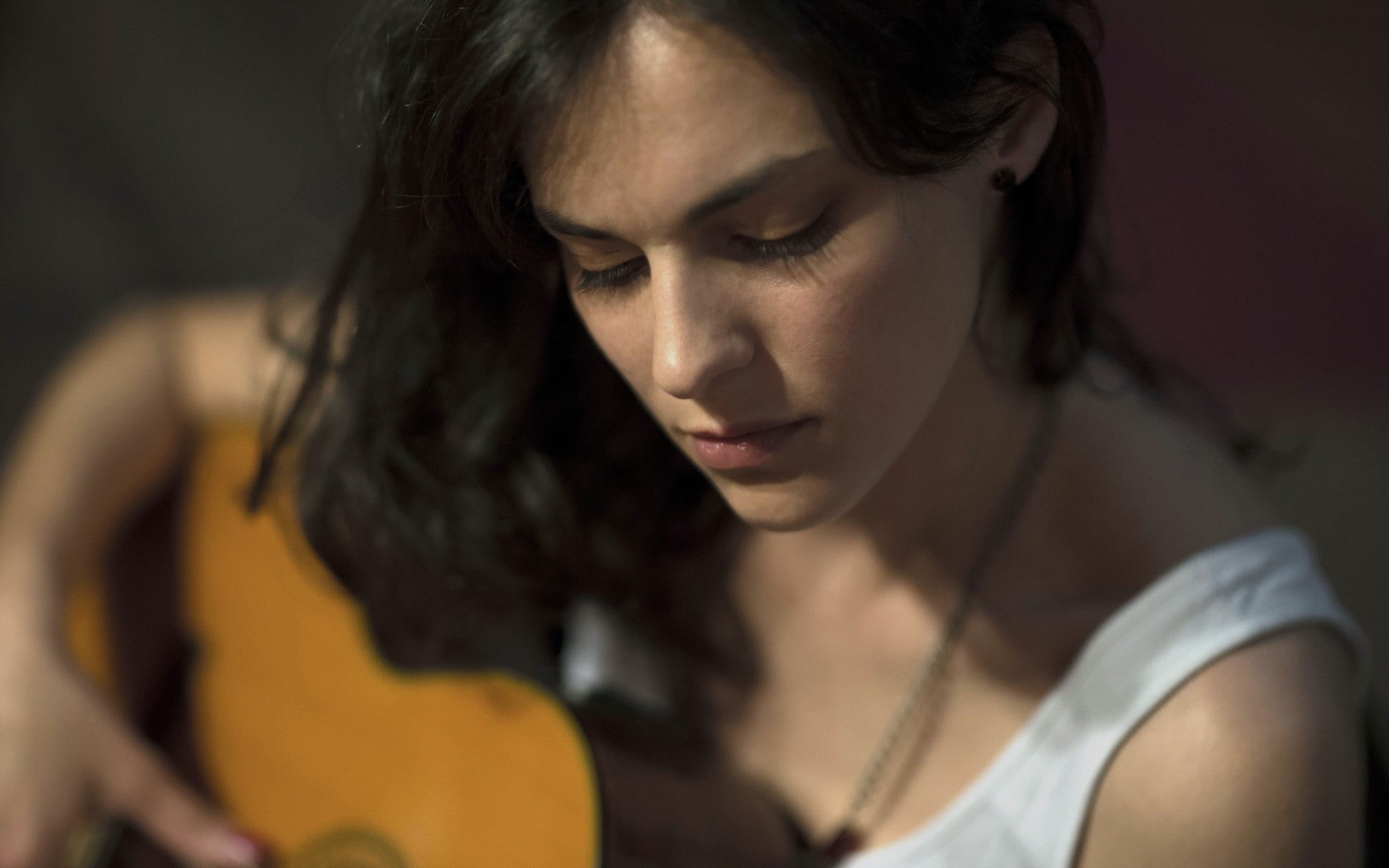 hair, emotion, guitar, beauty, headshot, long hair, young women, beautiful woman, depression - sadness, depth of field, young adult, white tops, adult, HD Wallpaper