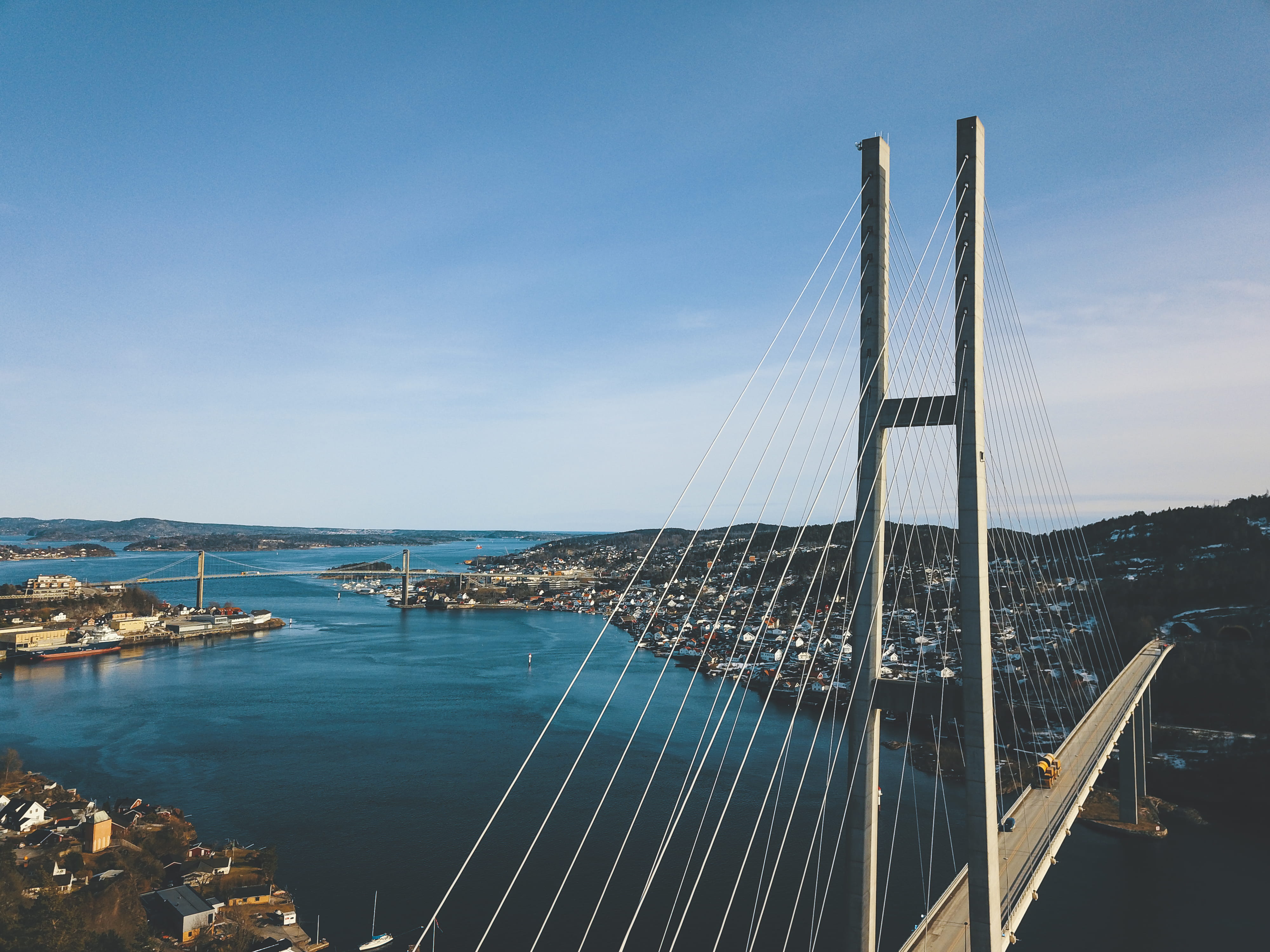 harbor, no people, skyline, stucture, suspension bridge, 4K, outdoors, nature, sea, cable-stayed bridge, cloud - sky, ocean, pier, travel, city, bridge, HD Wallpaper