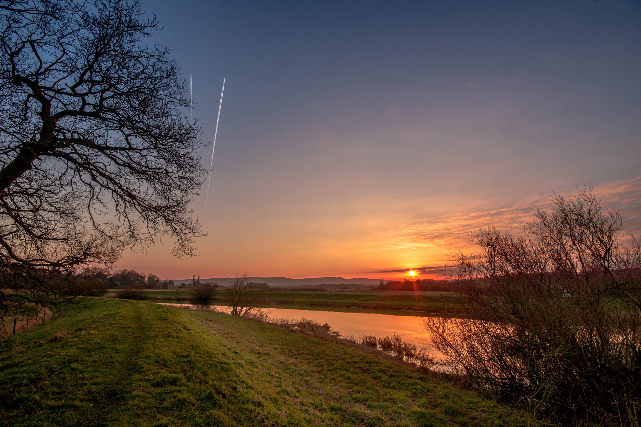 no people, land, bare tree, environment, beauty in nature, tranquility, sunset, idyllic, non-urban scene, field, grass, scenics - nature, England, sky, HD Wallpaper