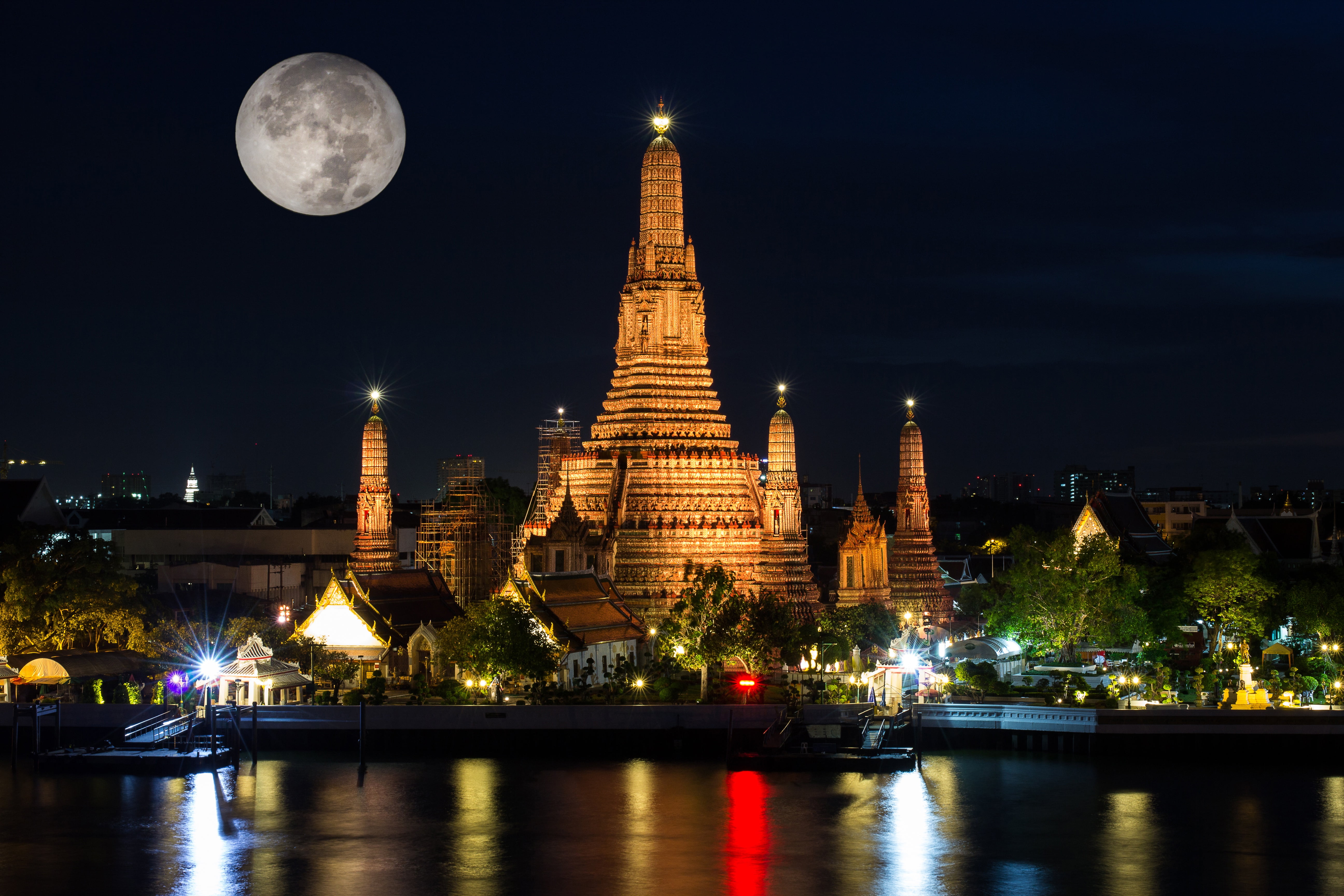 the moon, lights, temple, Bangkok, Thailand, Wat Arun, night, 5K, HD Wallpaper