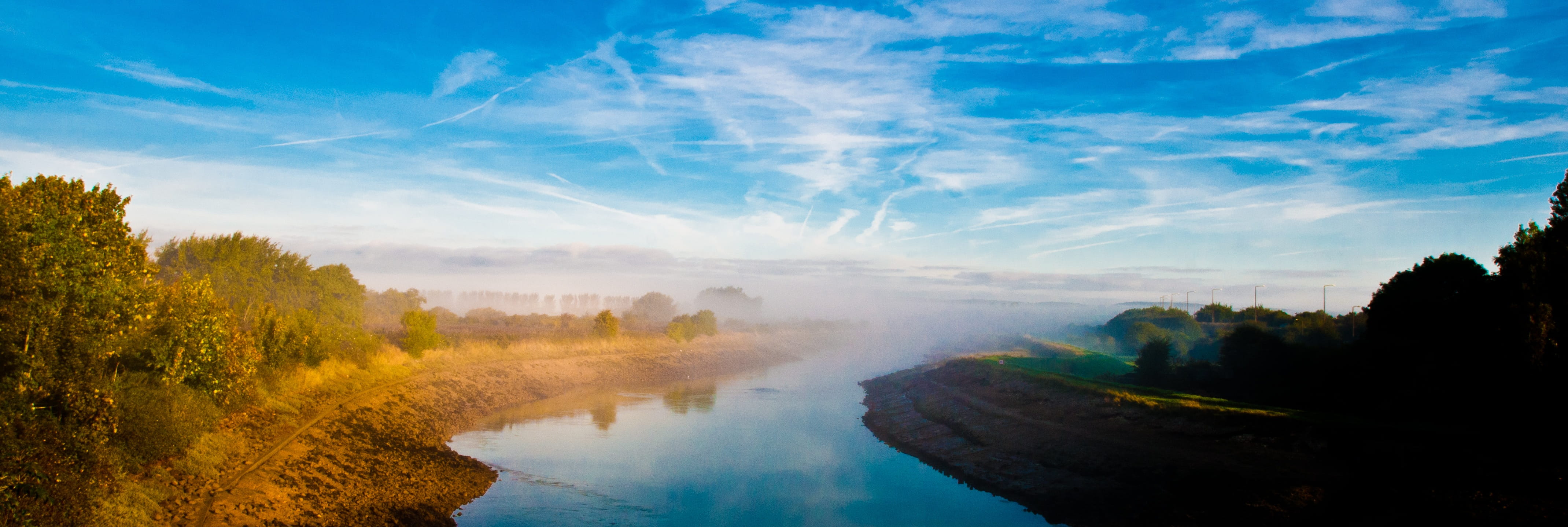 fog, water, landmark, sunrise, 4K, reflection, dawn, tree, under The blue sky, river, woodland, travel destinations, place, plant, scenics, beauty in nature, HD Wallpaper