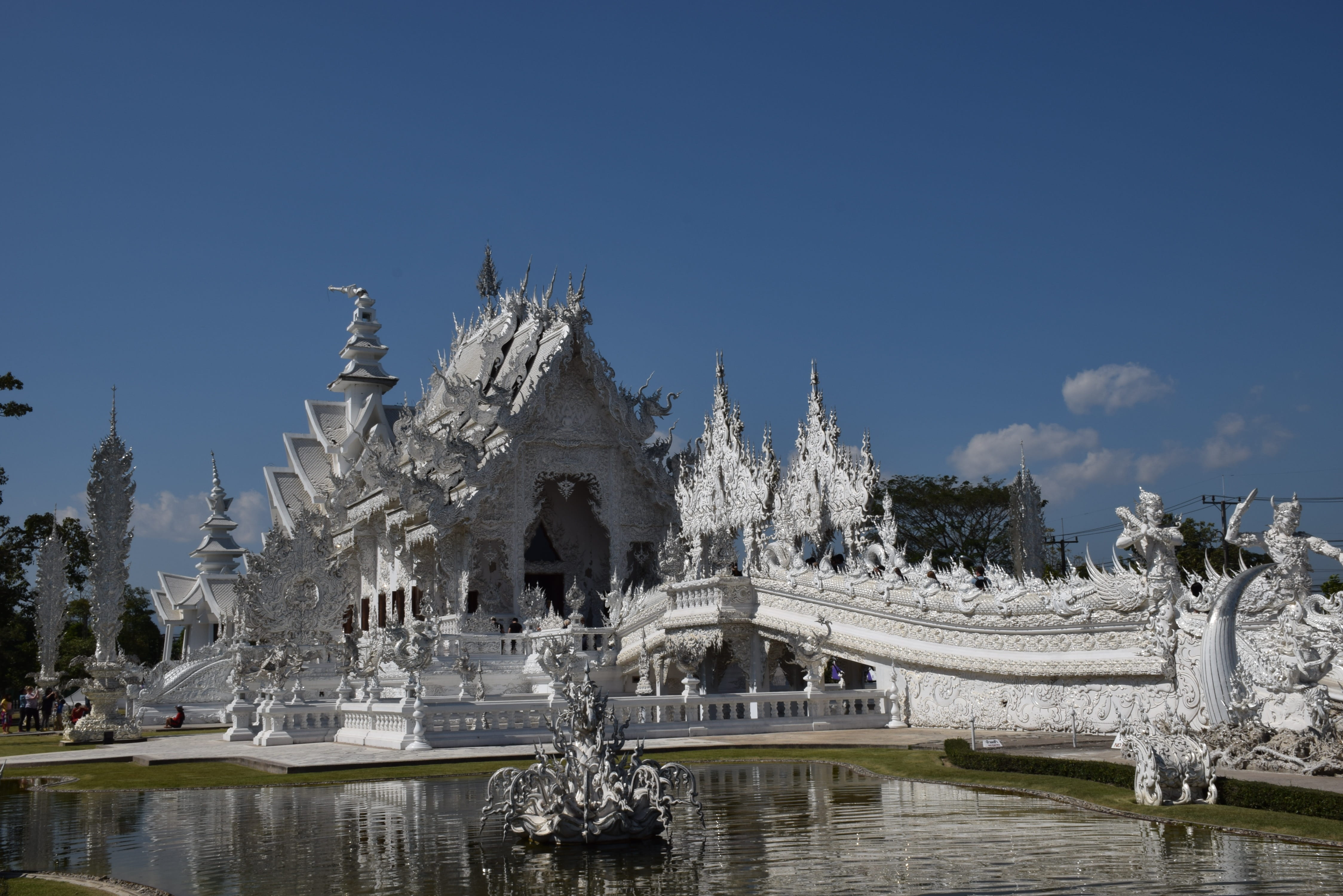 no people, water, wat rong khun, lake, 4K, chiang rai, ornate, travel destinations, the white temple, cold temperature, nature, art and craft, tree, snow, HD Wallpaper