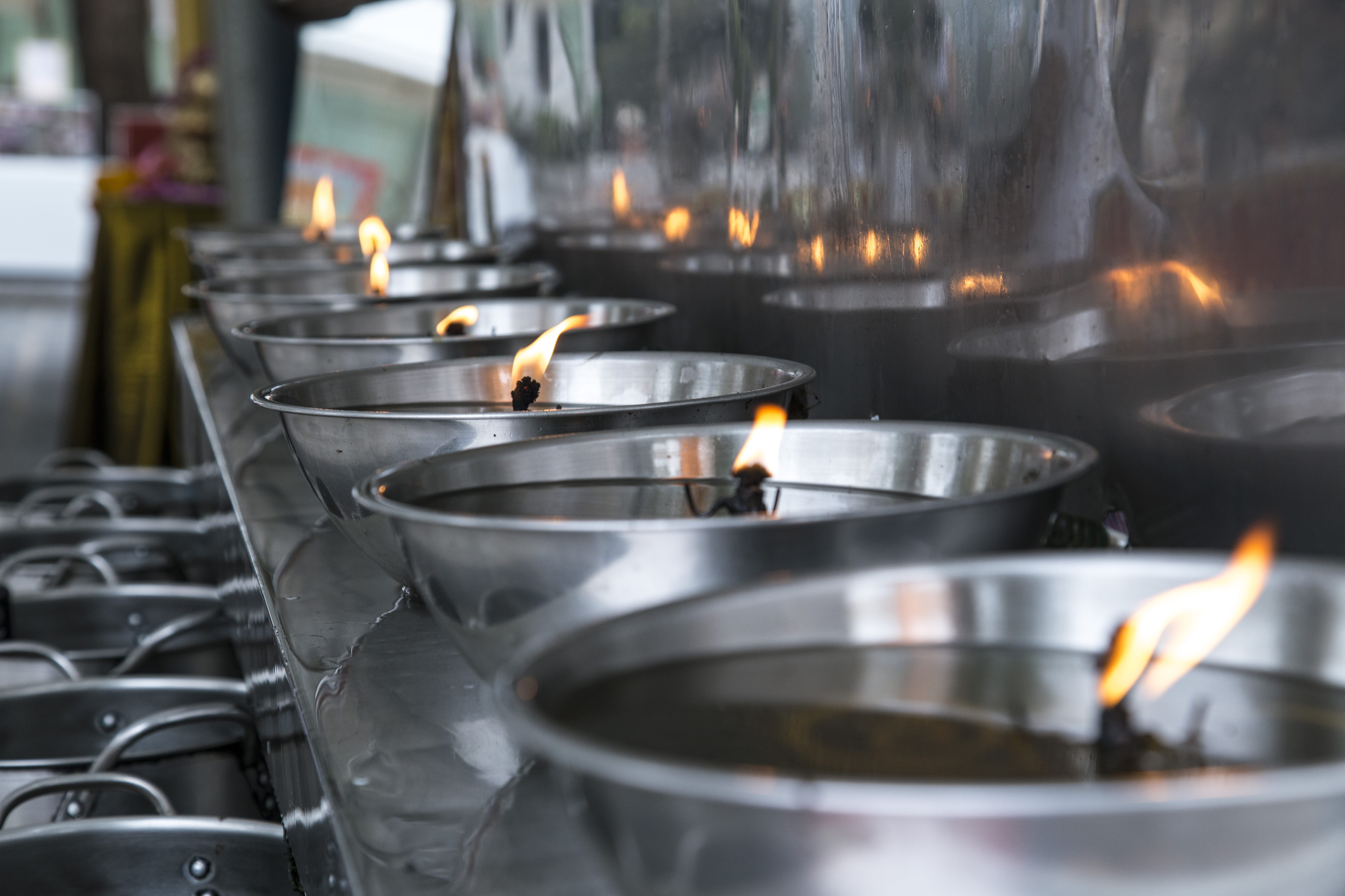 oil, fire - natural phenomenon, restaurant, no people, candles, thailand, candle, kitchen, steel, silver colored, temple, preparation, appliance, lamp, HD Wallpaper
