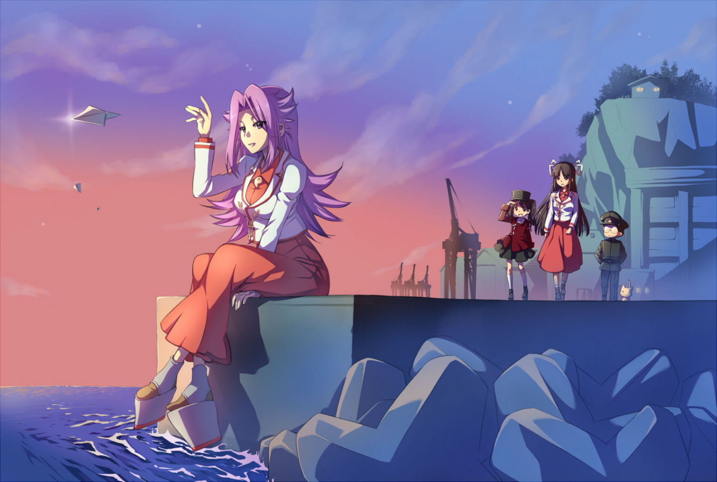 hiyou, ribbons, long, 720P, collection, uniform, hat, black, hair, kneehighs, kawagoe, purple, water, animal, glasses, kancolle, eyes, paper, pochi, skirt, HD Wallpaper