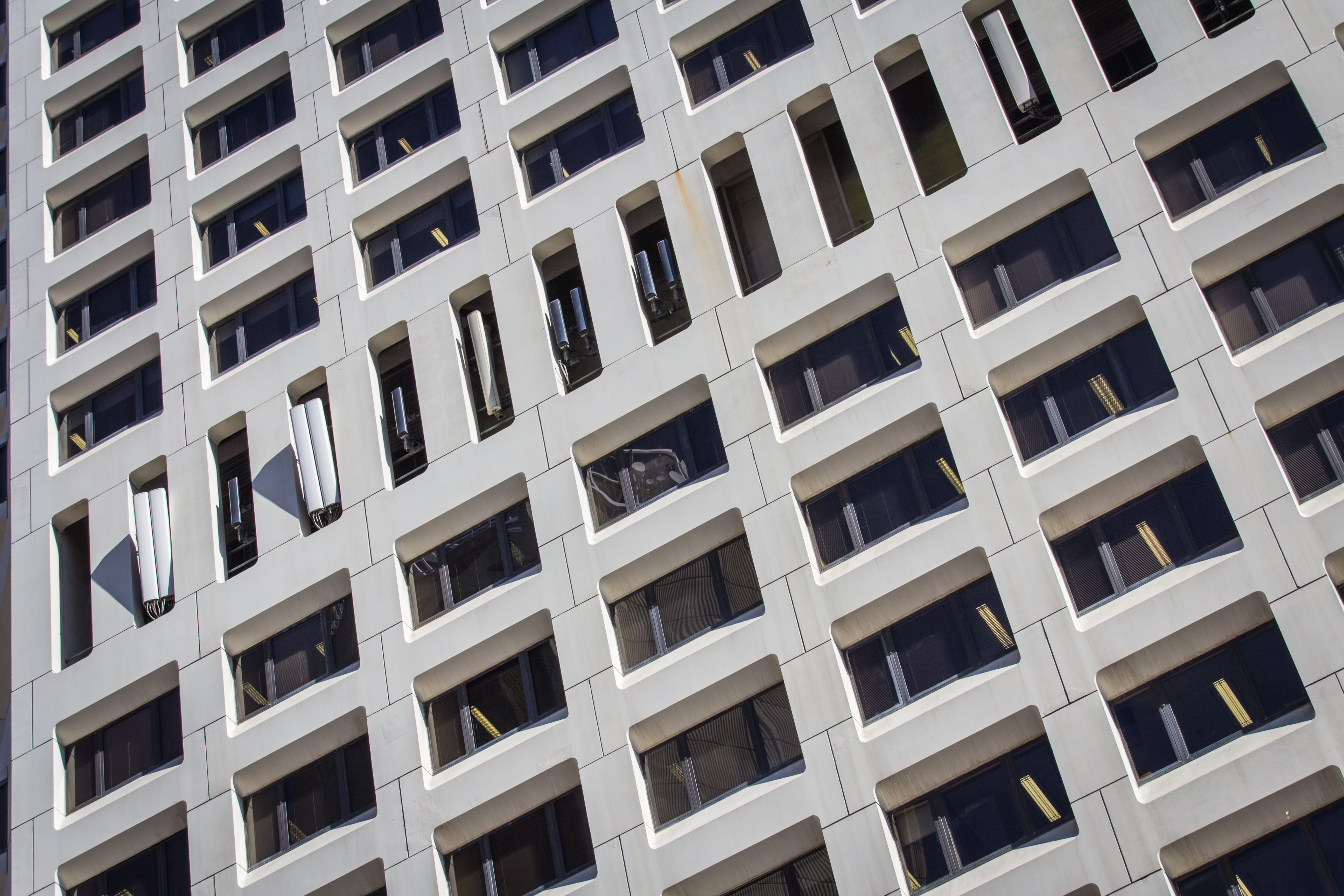sunlight, low, 5K, building, full frame, high rise, room, window, housing, photo, gray, modern, town, day, residential district, modern design, concrete, HD Wallpaper