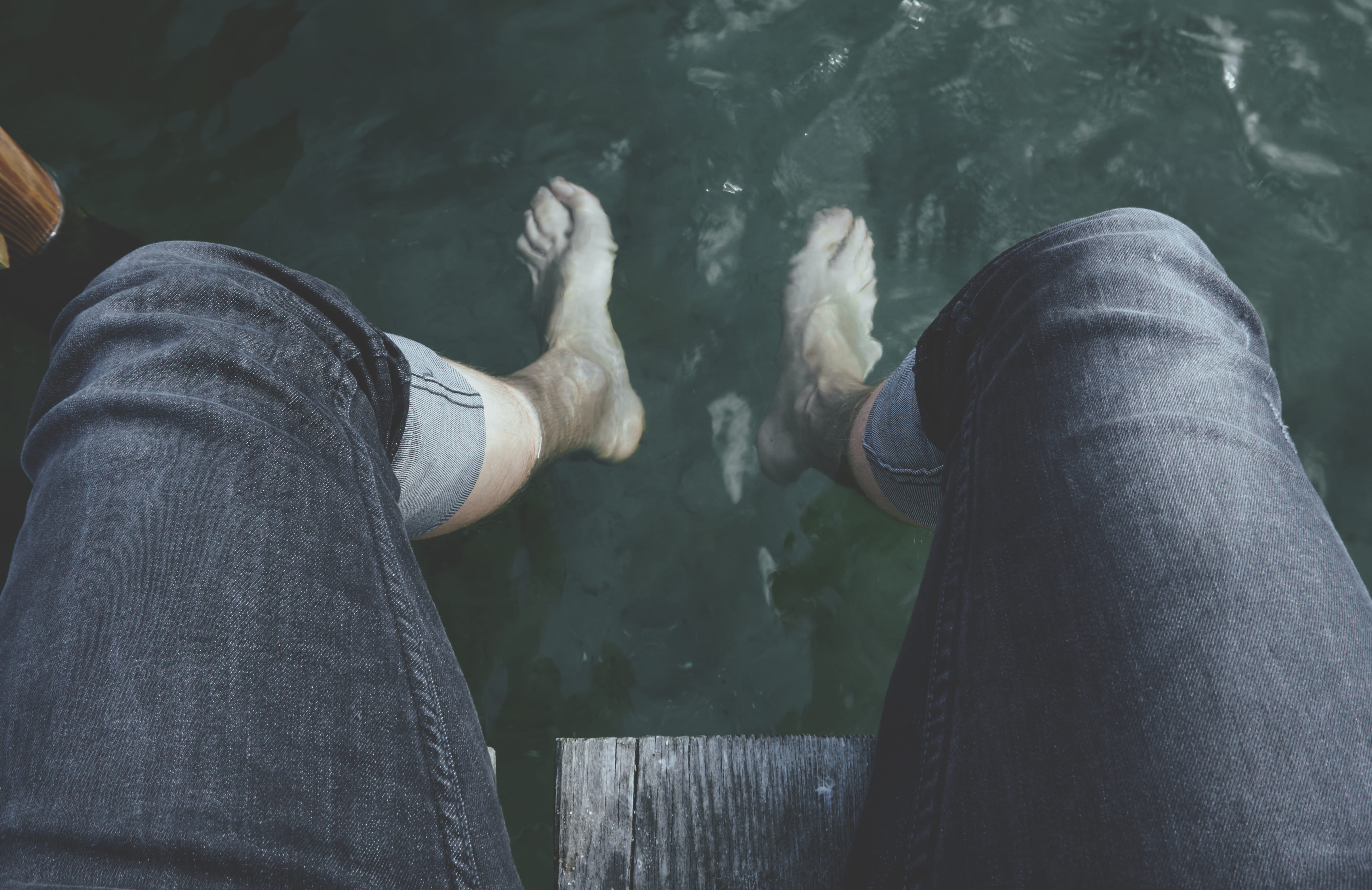 low section, two people, lifestyles, adult, person, lake, feet, jeans, day, water, human body part, real people, leisure activity, dangling, nature, personal perspective, HD Wallpaper