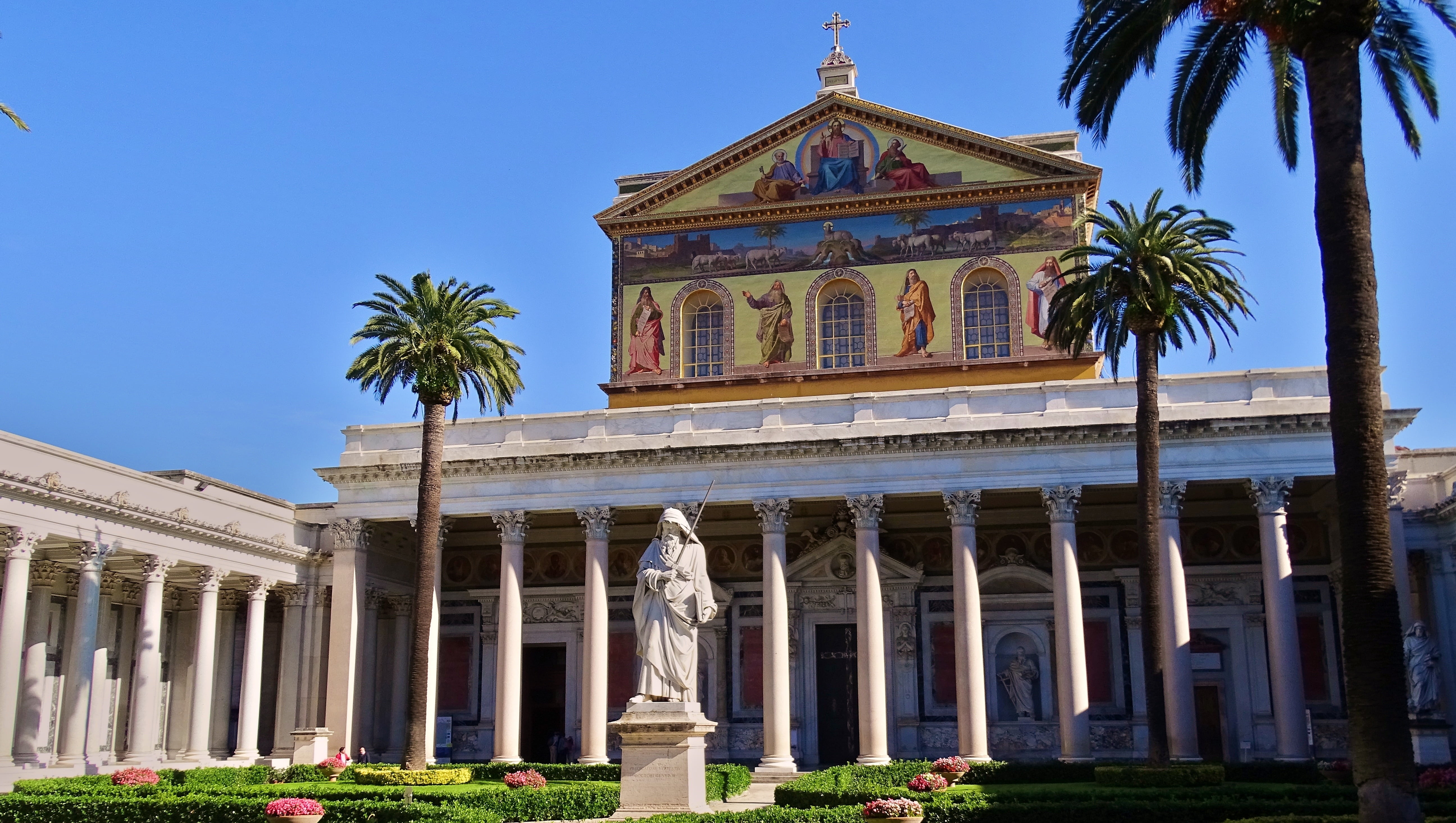 plant, clear sky, papale san paolo fuoi le mura, basilica, religion, 5K, tropical climate, historically, architecture, blue, architectural column, outdoors, HD Wallpaper