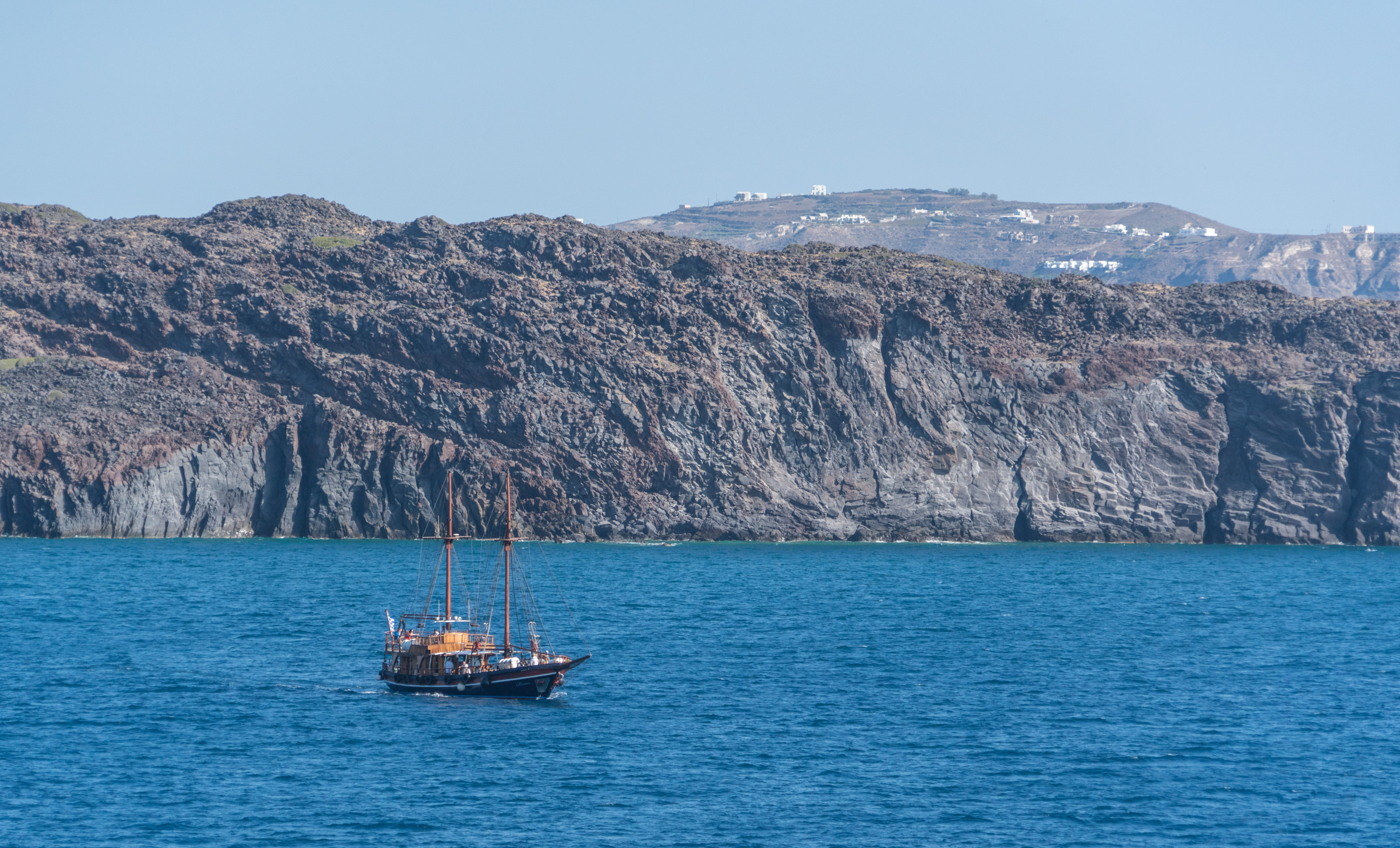 sailboat, seascape, cliff, 5K, aegean Sea, formation, tranquil scene, nature, landscape, europe, island, day, mediterranean Sea, nautical Vessel, passenger craft, HD Wallpaper