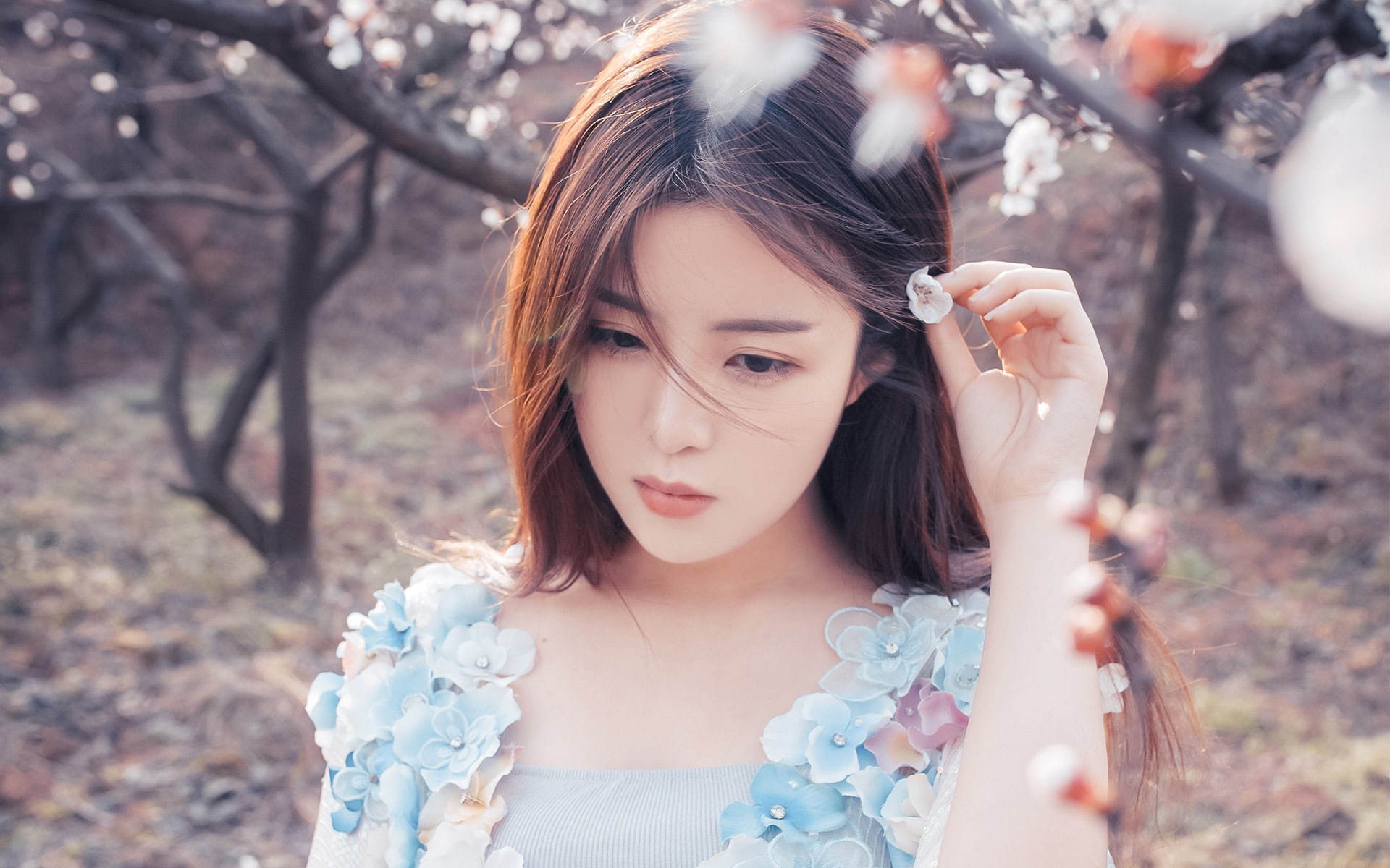 headshot, youth, nature, front view, real people, 1080P, chinese, one person, beauty, tree, outdoors, portrait, photo, hair, long hair, fashion, young adult, HD Wallpaper