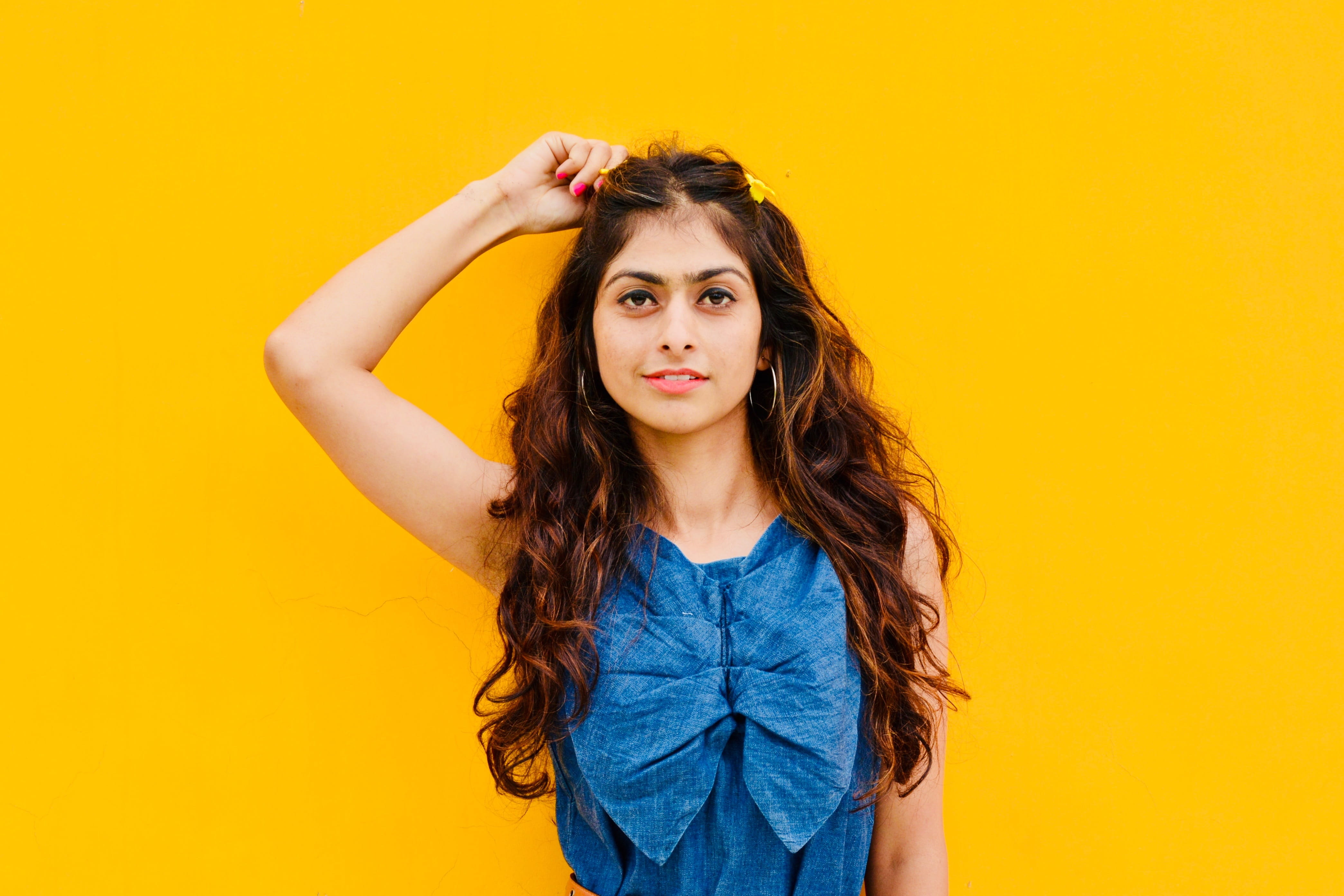 looking at camera, yellow, waist up, hairstyle, pose, teenager, indoors, yellow background, long hair, brown hair, front view, model, portfolio, studio shot, HD Wallpaper