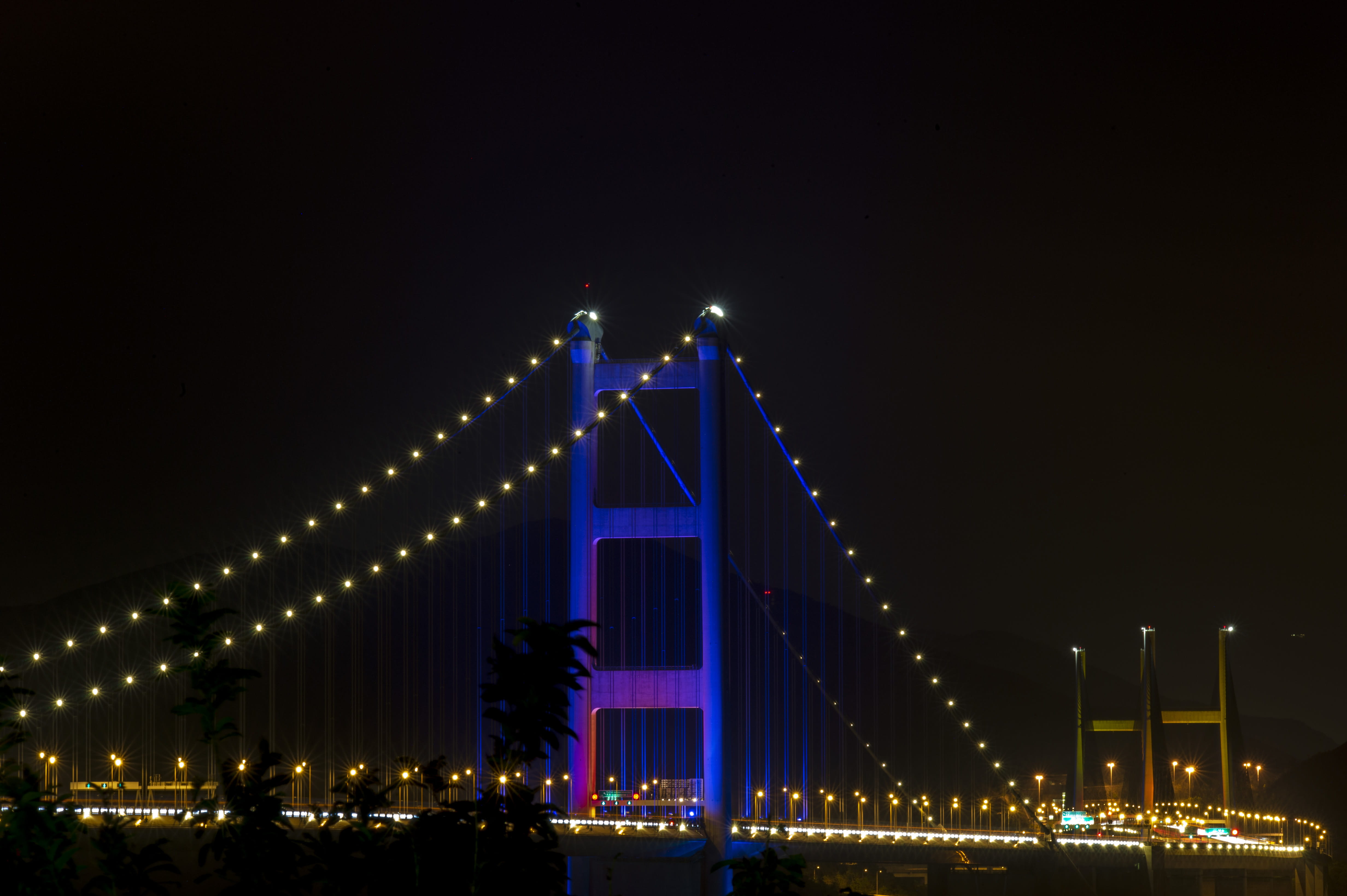 built structure, illuminated, bridge, luxury, clear sky, architecture, connection, copy space, hong kong, suspension bridge, travel destinations, 4K, transportation, HD Wallpaper
