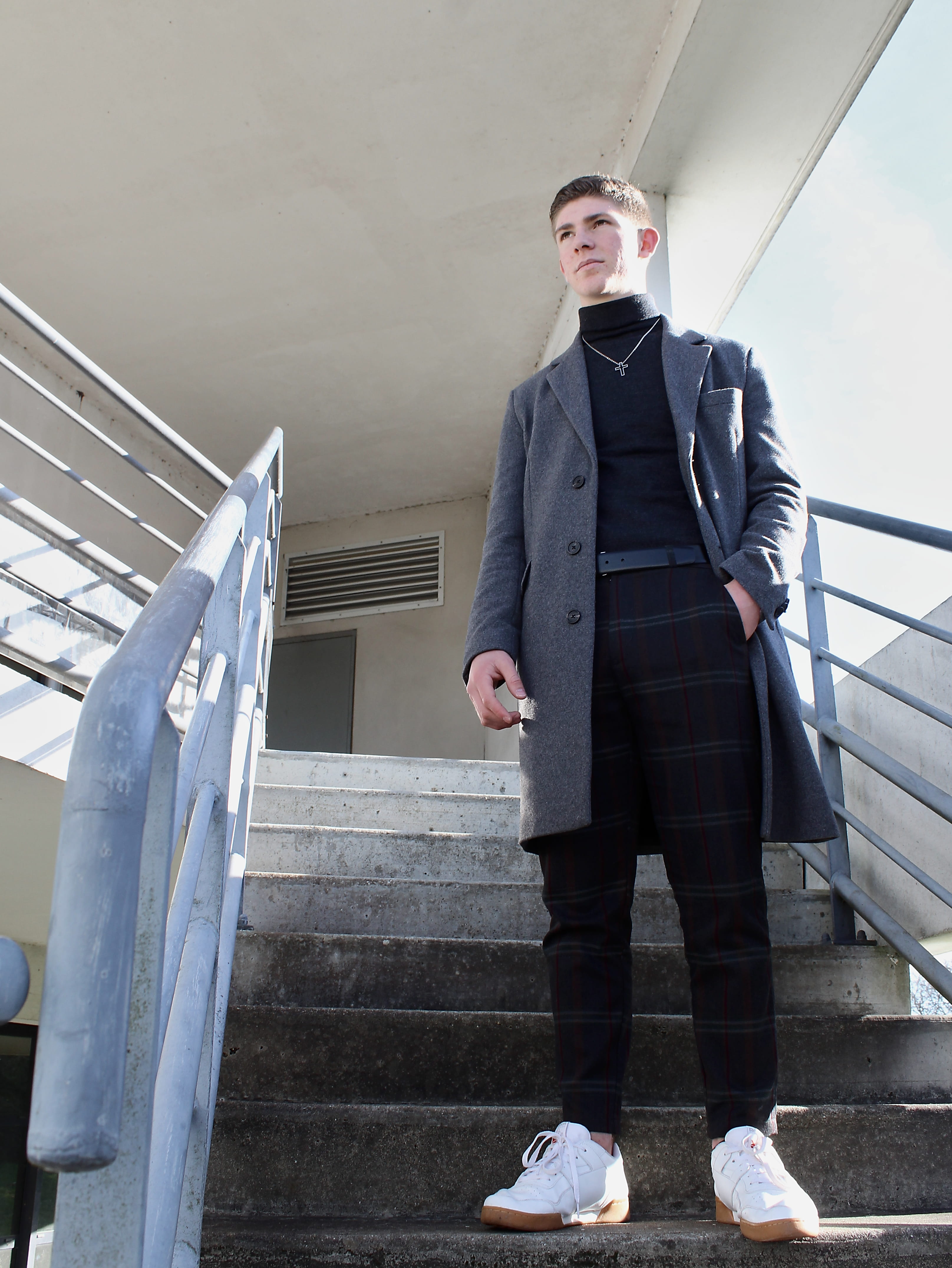 man, real people, architecture, steps and staircases, trench, looking at camera, coat, gray, well-dressed, stare, young adult, clothing, young men, wearing, Phone HD Wallpaper