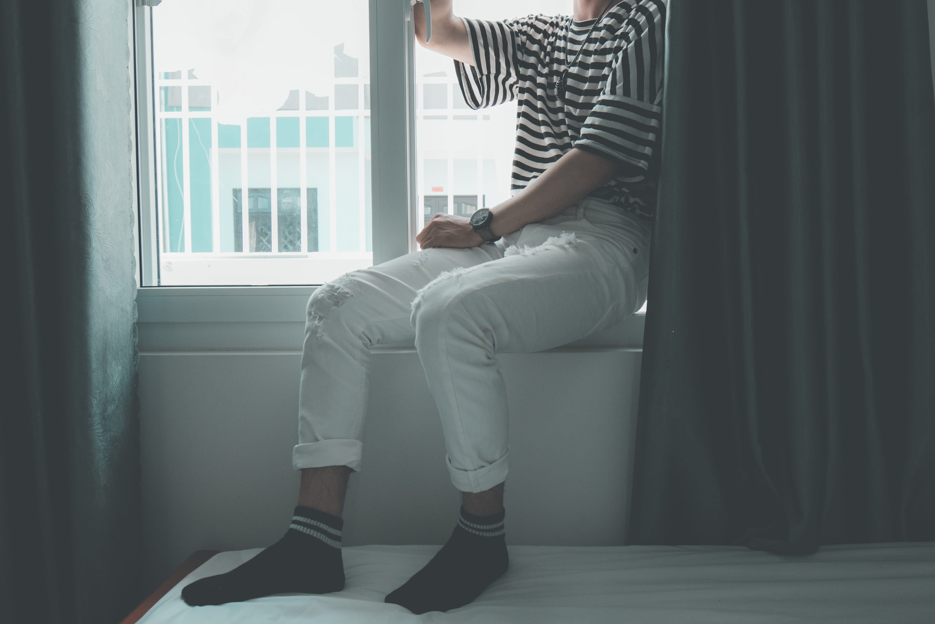 woman, beautiful, bedroom, day, real people, 4K, man, sitting, men, bed, transparent, indoors, stepping, curtain, person, light, striped, holding, fashion, HD Wallpaper