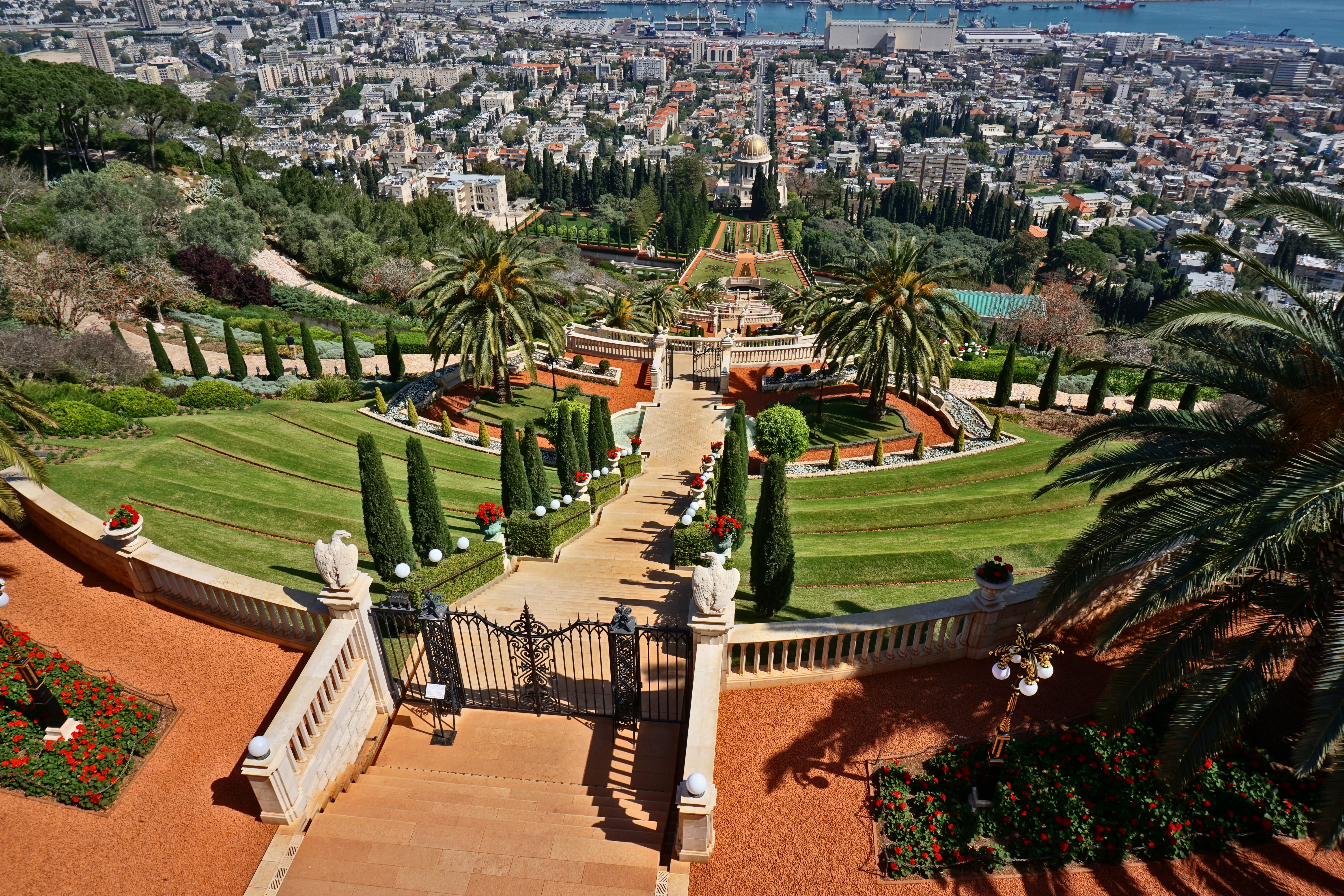 temple, building exterior, green area, bahá  í faith garden, tree, israel, townscape, built structure, flowers, gradually, city, 5K, castle, haifa, architecture, HD Wallpaper