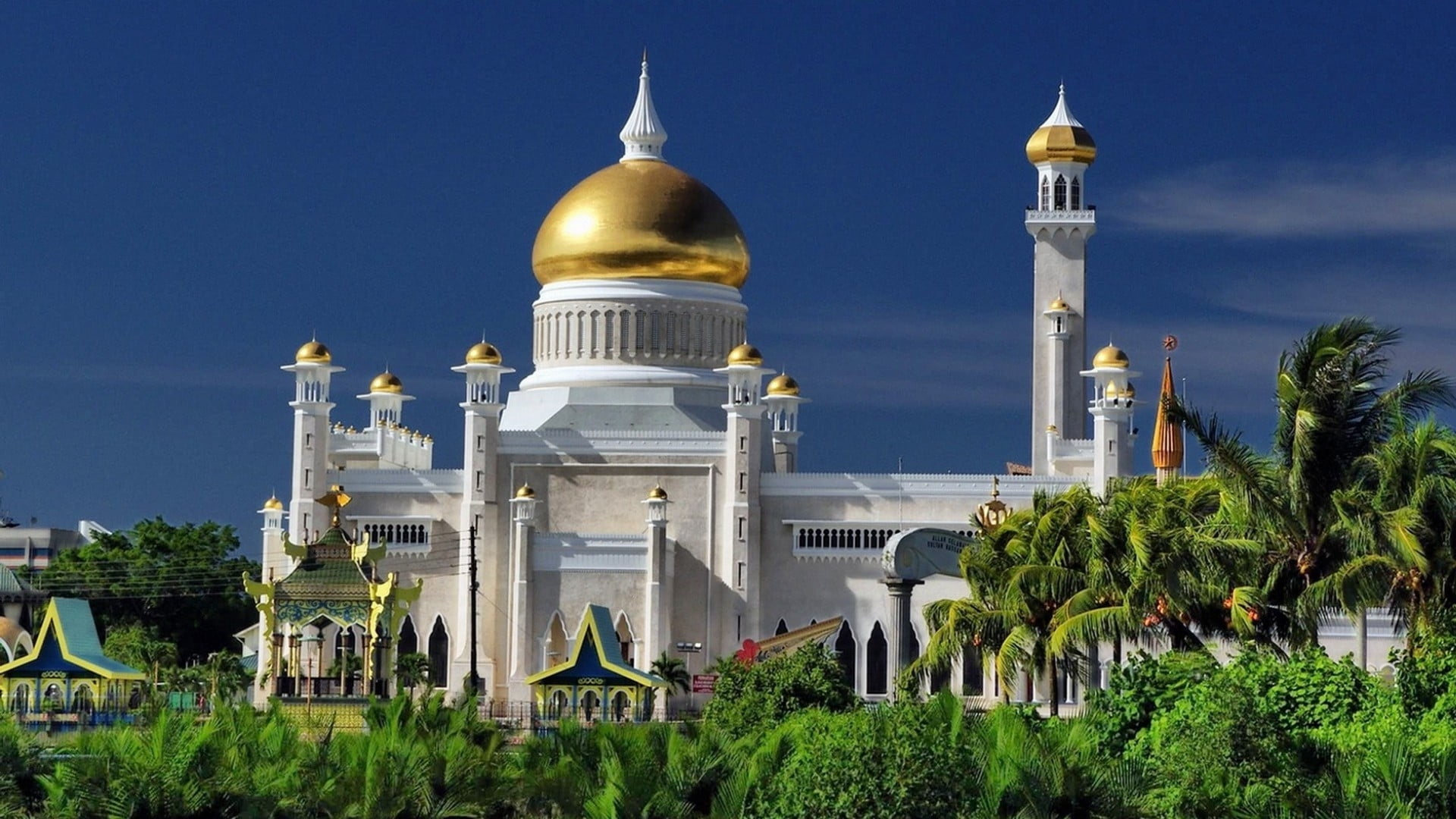 plant, architecture, travel destinations, nature, place of worship, tree, built structure, spire, religion, Omar Ali Saifuddin, Omar Ali Saifuddin Mosque, HD Wallpaper