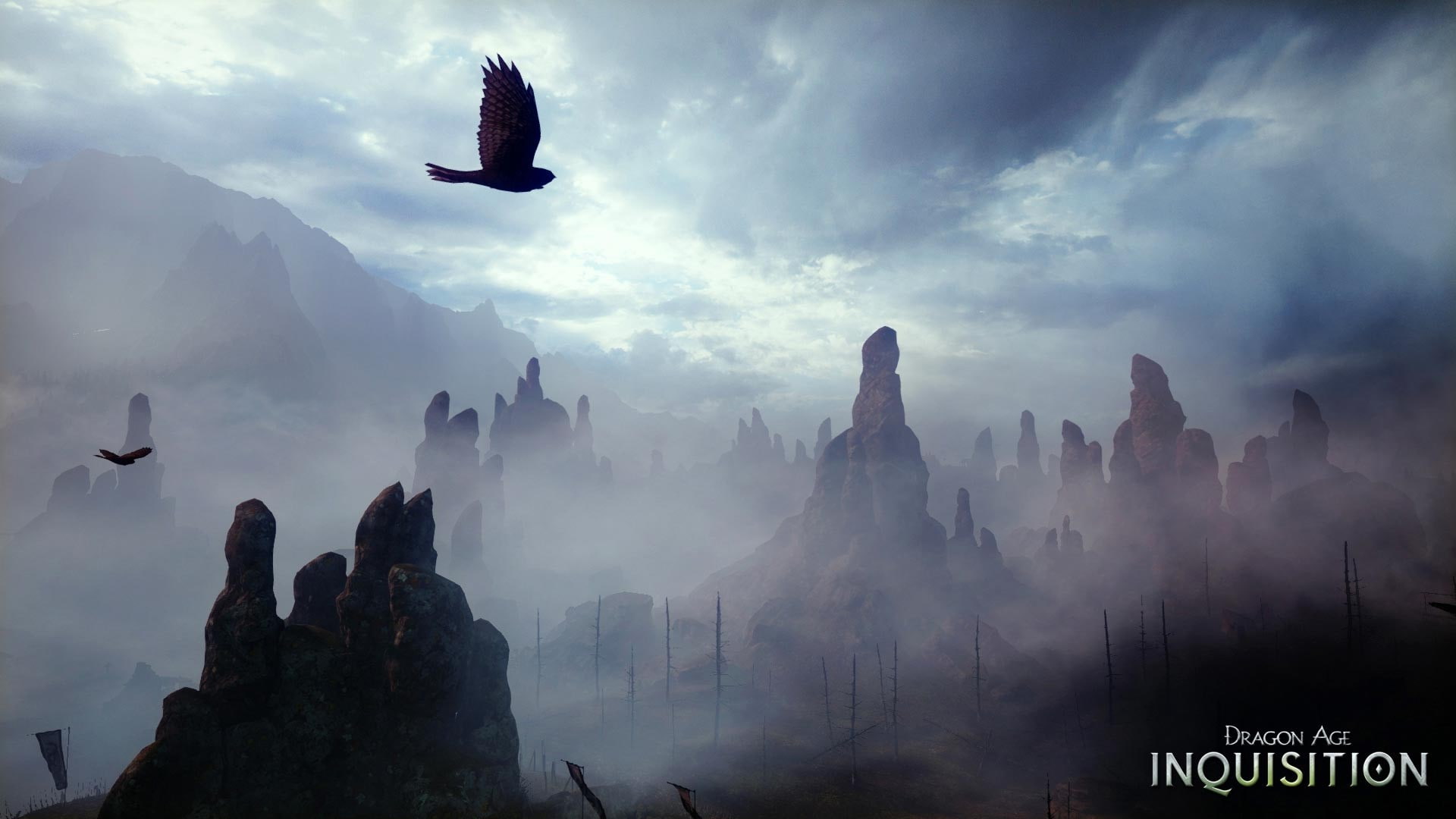 cloud - sky, mountain, architecture, animal themes, bird, outdoors, fog, no people, sunrise - dawn, flying, urban skyline, environment, 1080P, land, dragon age inquisition, HD Wallpaper