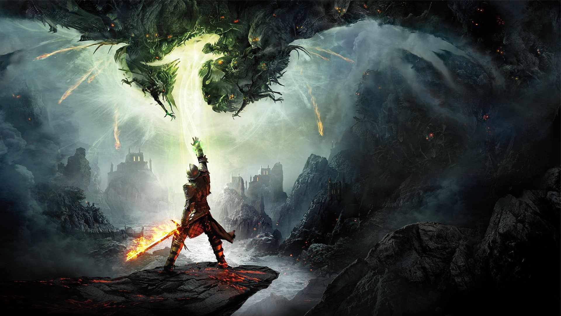 Dragon Age, fire, knight, Dragon Age: Inquisition, fantasy art, 1080P, Dragon Age Inquisition, video games, HD Wallpaper