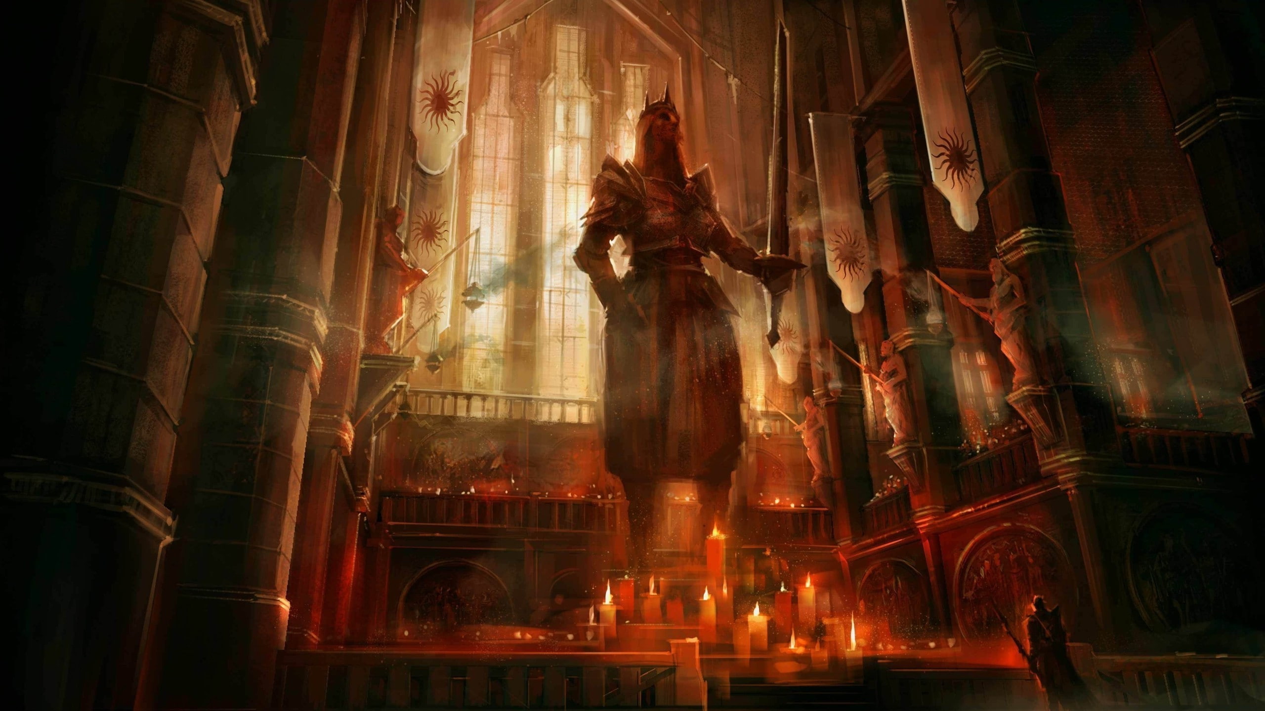 representation, 2K, architecture, human representation, dragon age ii dragon age fantasy art concept art video games candles statue temple, illuminated, HD Wallpaper