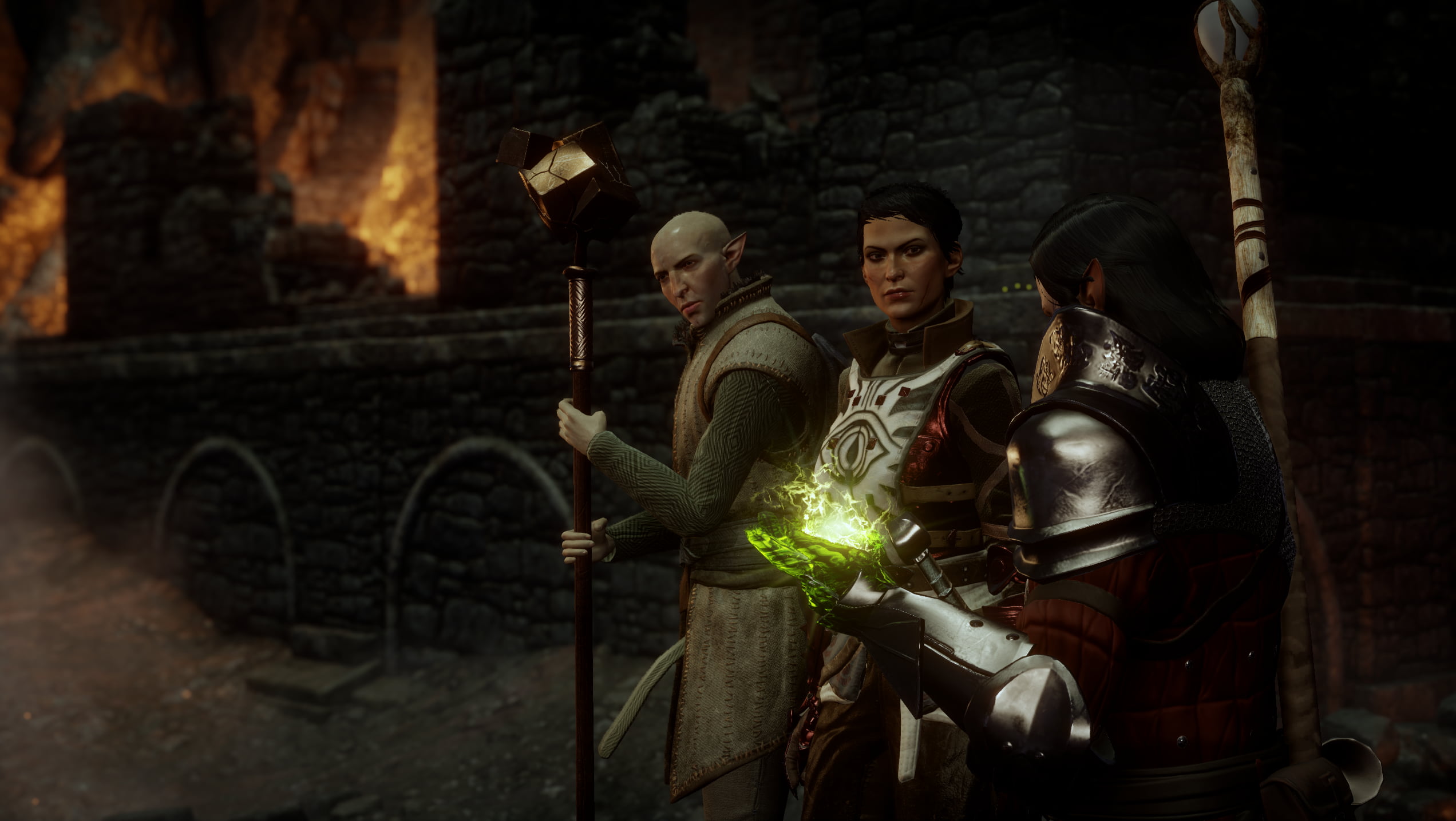 Dragon Age, 1080P, Cassandra Pentaghast, Inquisitor, fire, dark background, Dragon Age Inquisition, PC gaming, Solas, HD Wallpaper