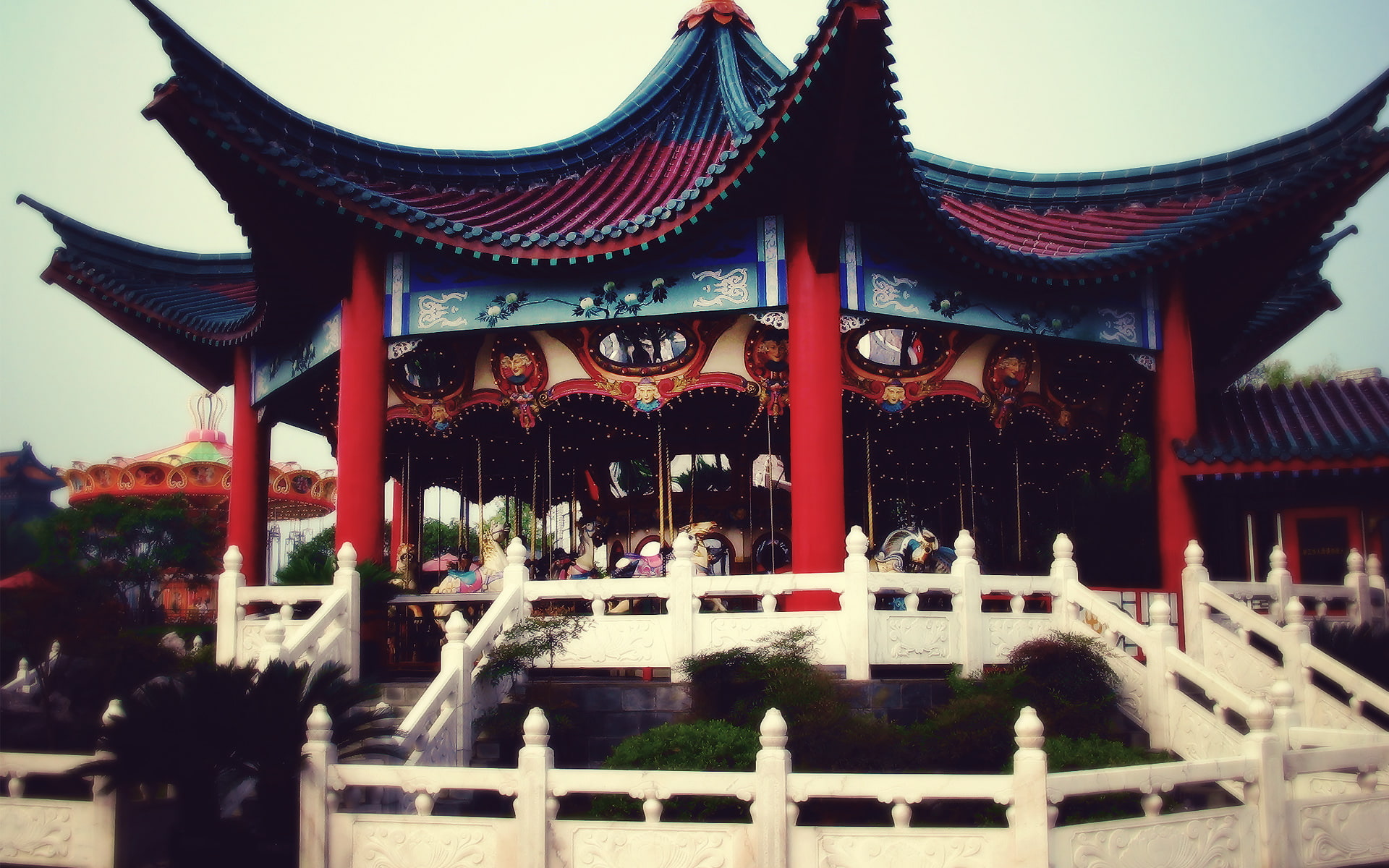 carousel, warm, red, architecture, asian, oriental, hd, black, temple, 1080P, HD Wallpaper