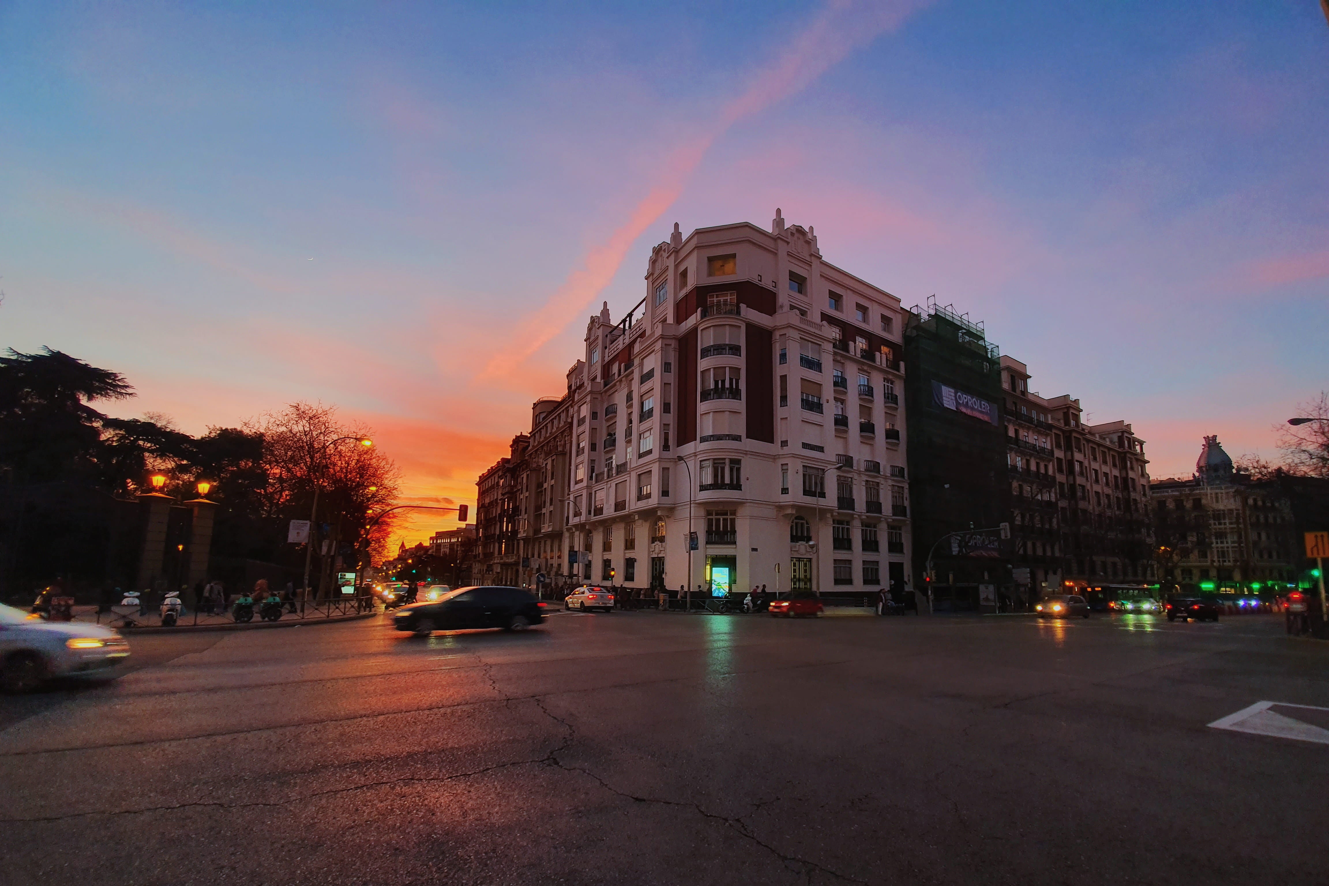 spain, building, land vehicle, dusk, building exterior, city street, architecture, town, motor vehicle, no people, tarmac, downtown, metropolis, vehicle, HD Wallpaper
