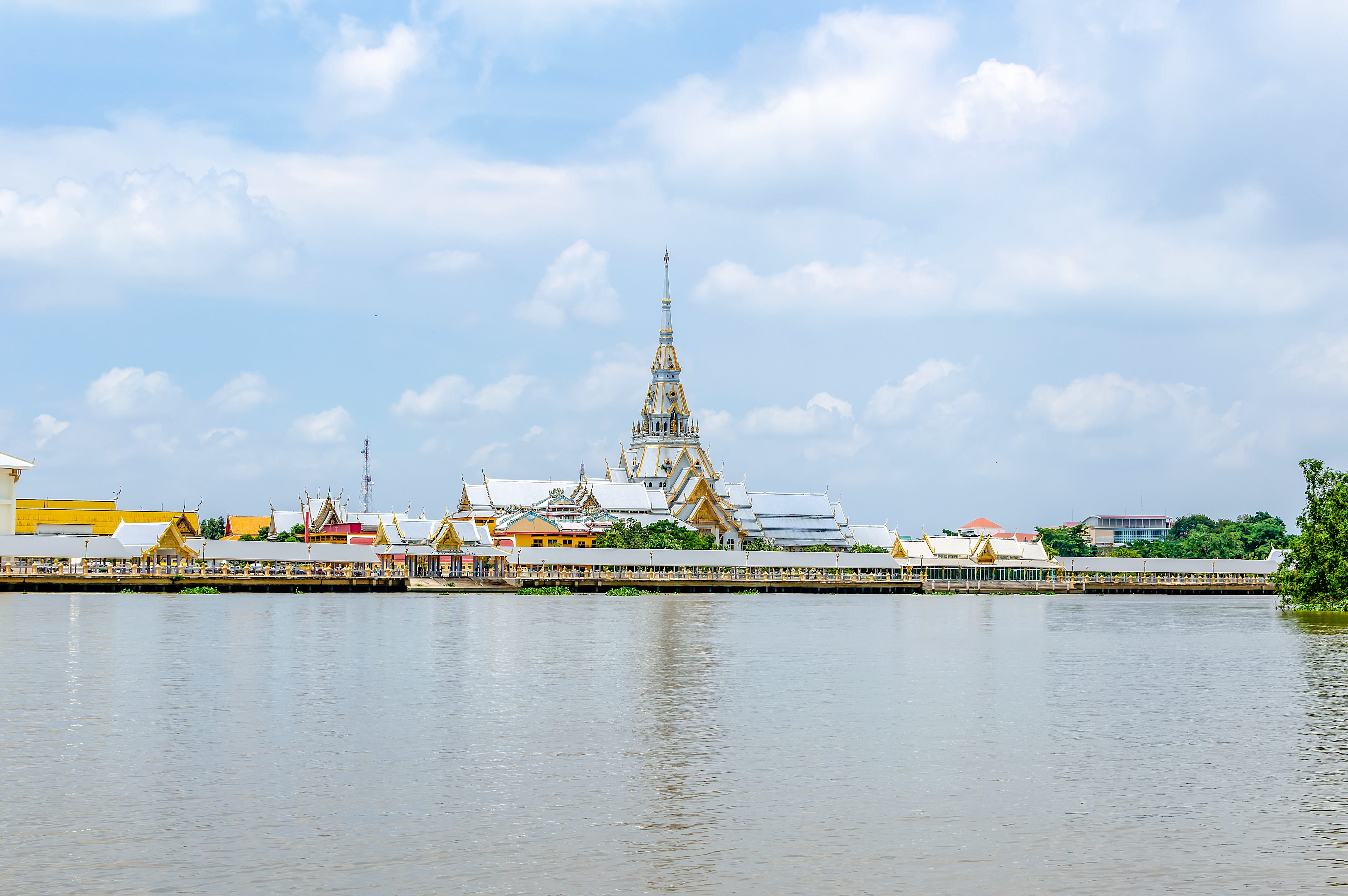 thep, building exterior, water, spirituality, travel destinations, religion, outdoors, thailand, cloud - sky, built structure, 5K, building, spire, waterfront, HD Wallpaper