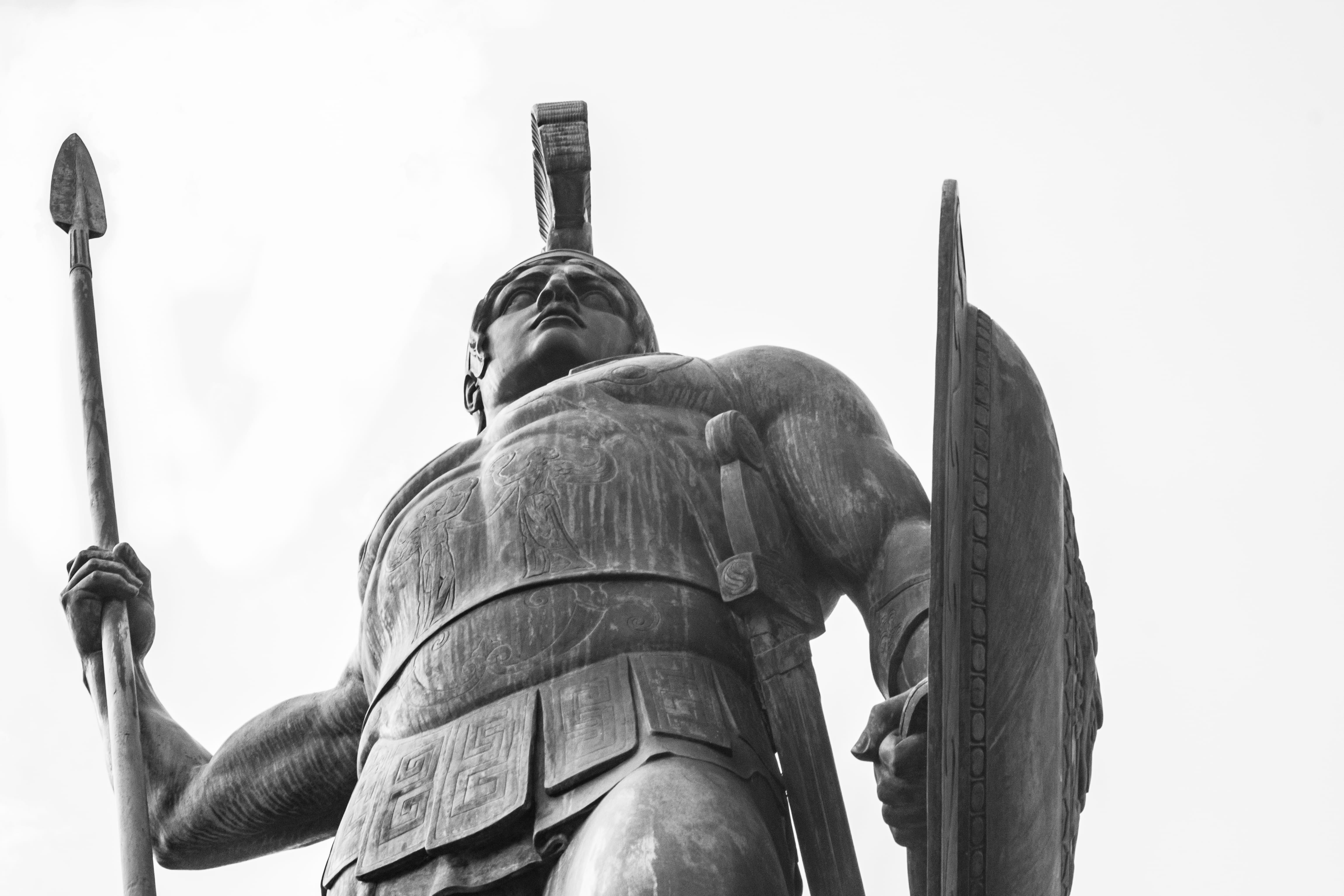 male likeness, 4K, human representation, no people, craft, travel destinations, clear sky, achilleion, representation, blackandwhite, greek, sculpture, HD Wallpaper