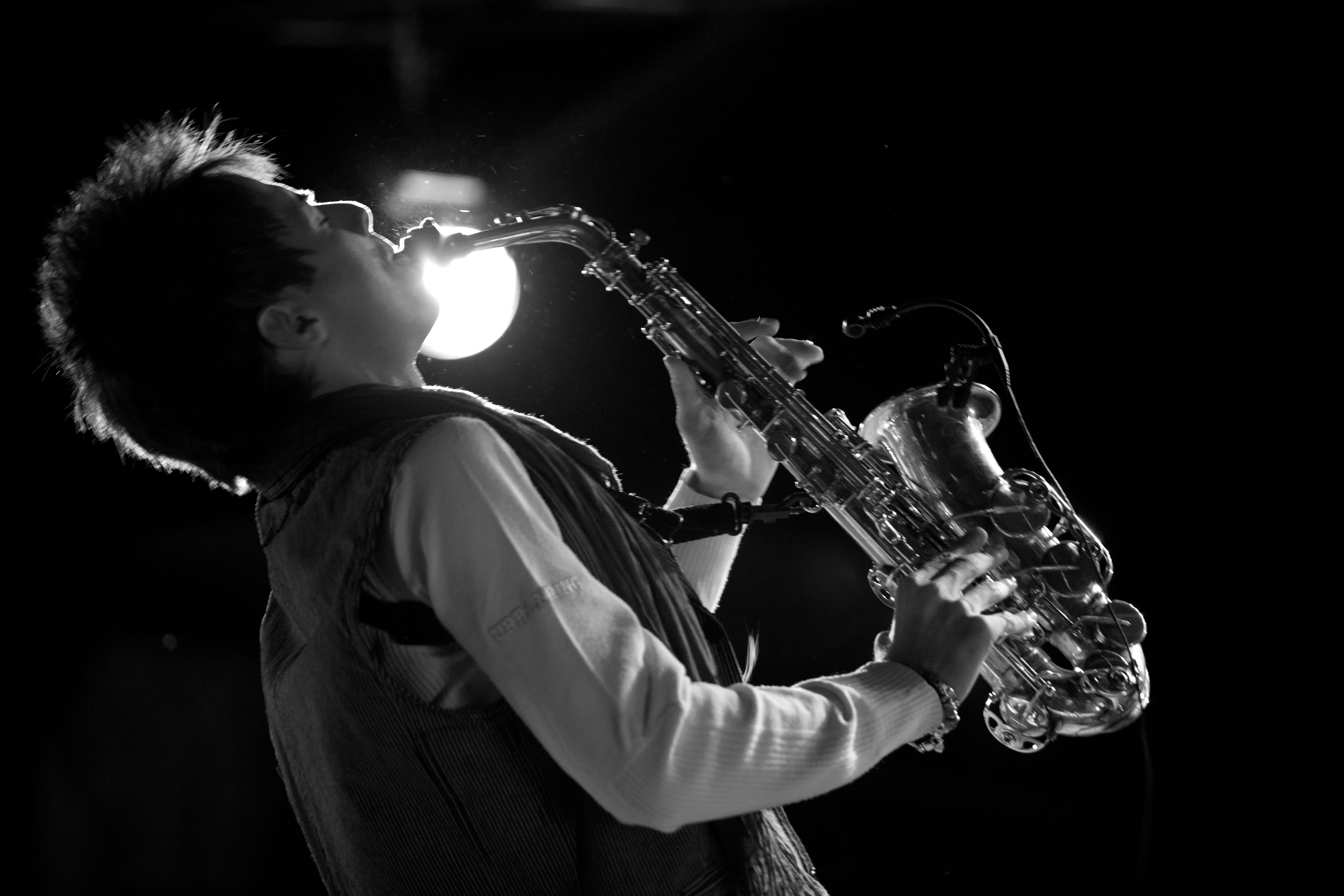 5K, drink, holding, one person, blackandwhite, performer, saxophone, playing, performance, standing, trumpet, voghera, italy, men, waist up, jazz, music, HD Wallpaper