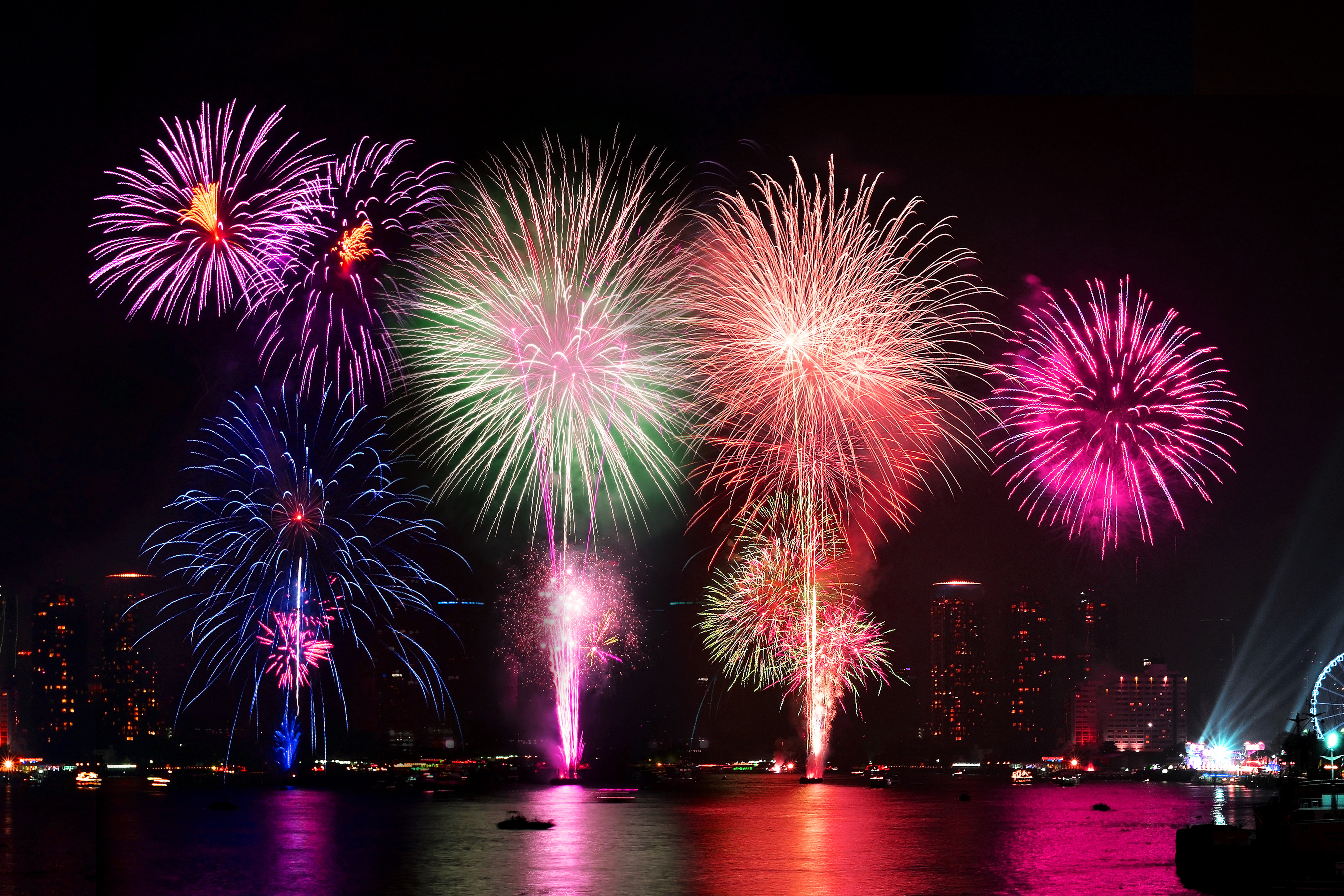 city, fireworks, reflection, lights, display, night, water, colorful, 5K, HD Wallpaper