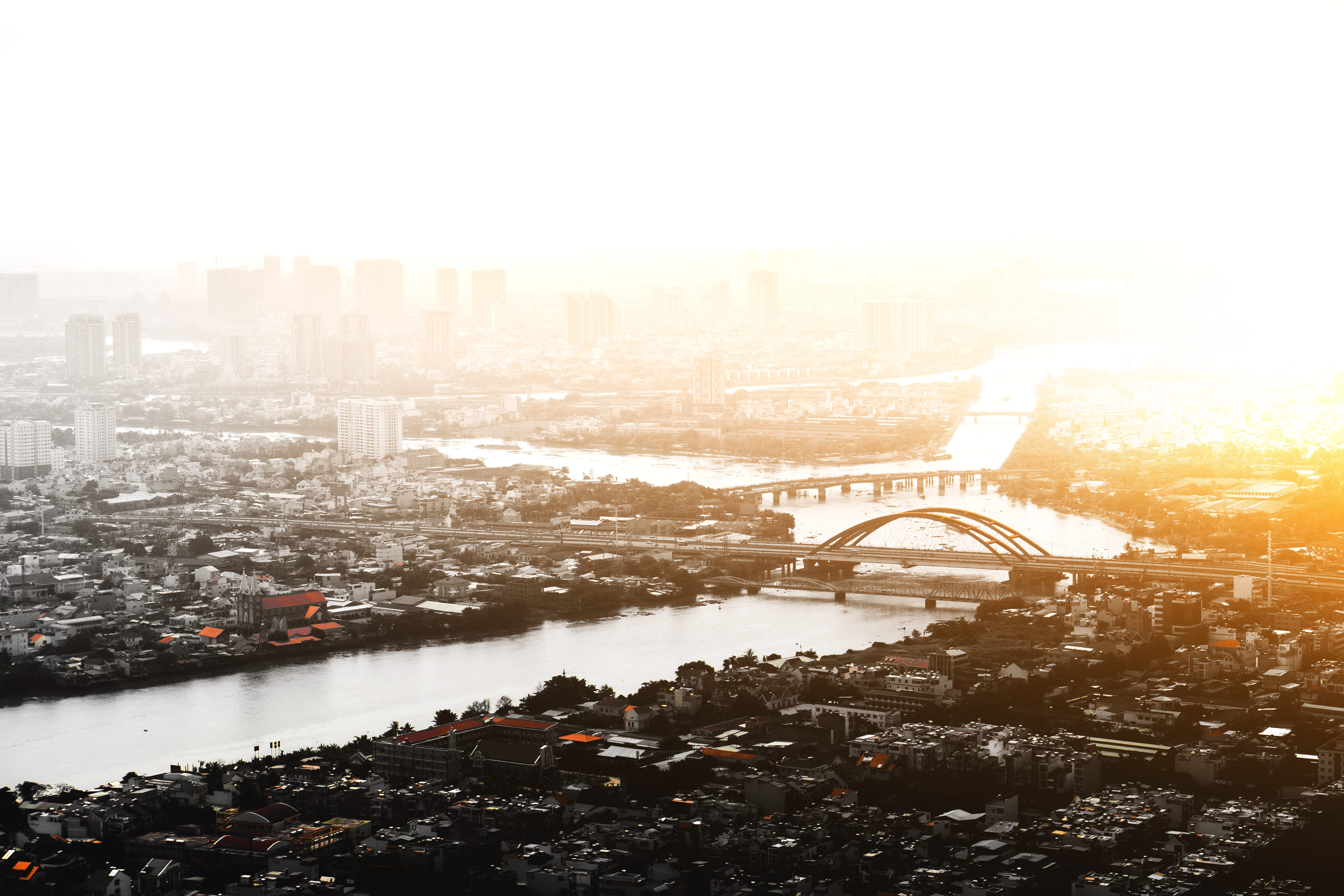 built structure, cityscape, fog, river, no people, view, aerial, sunset, nature, 5K, transportation, golden hour, sunlight, sunrise, pollution, bridge, HD Wallpaper