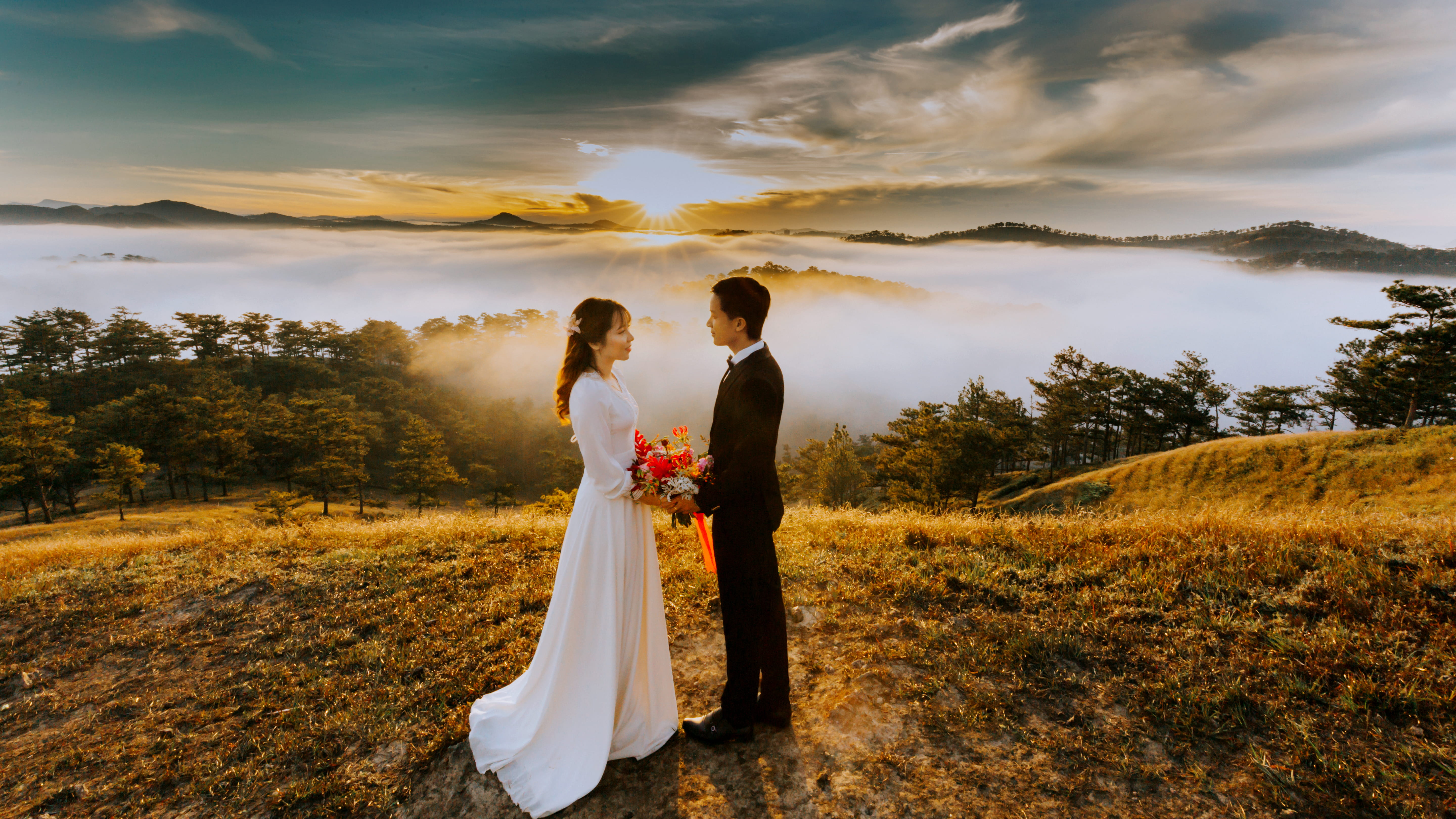 together, life events, plant, women, bonding, 5K, positive emotion, two people, couple - relationship, nature, standing, dress, Bride and Groom, husband, HD Wallpaper