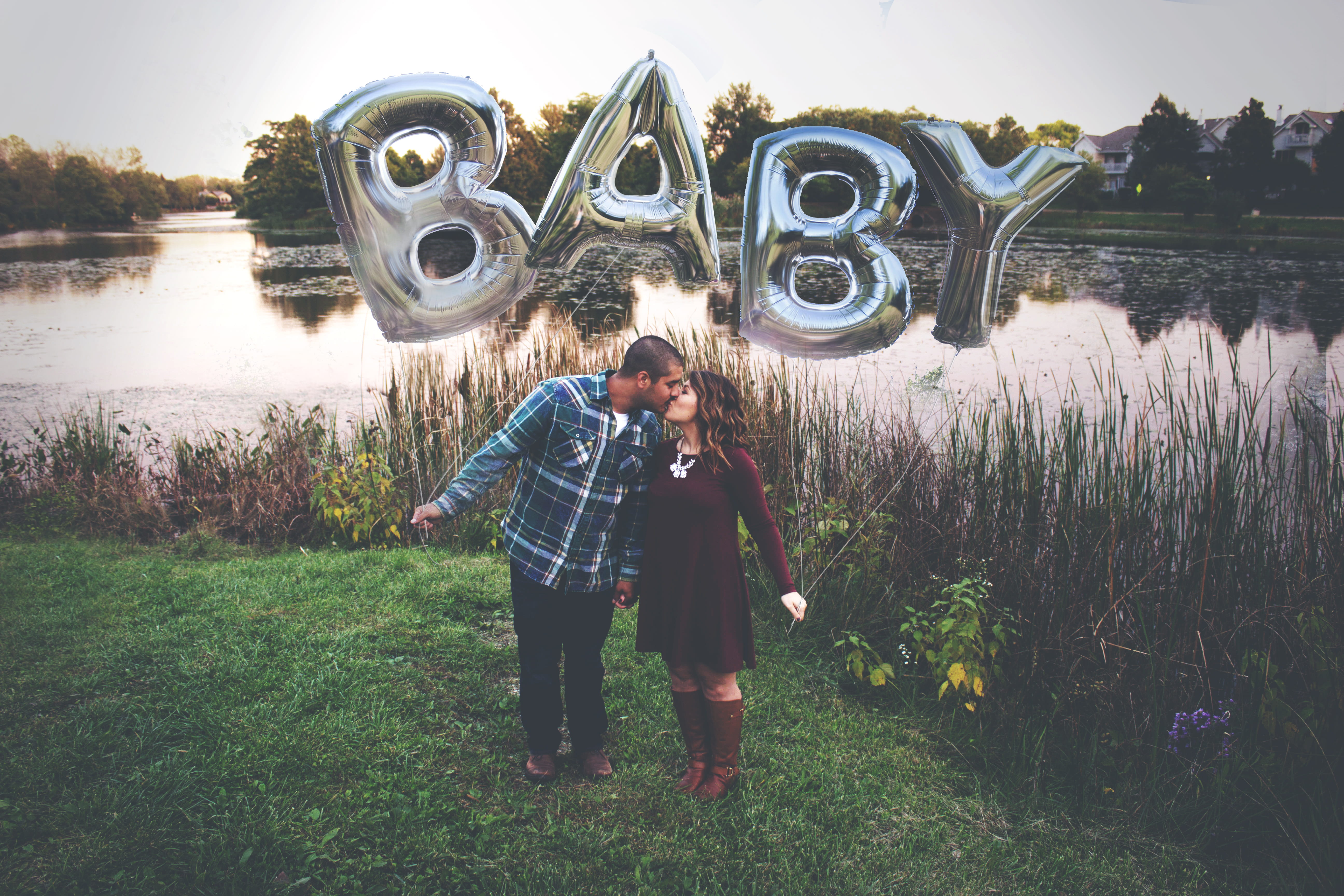males, water, woman, plant, balloons, lake, casual clothing, lifestyles, real people, baby, standing, trees, leisure activity, grass, mylar, photography themes, HD Wallpaper