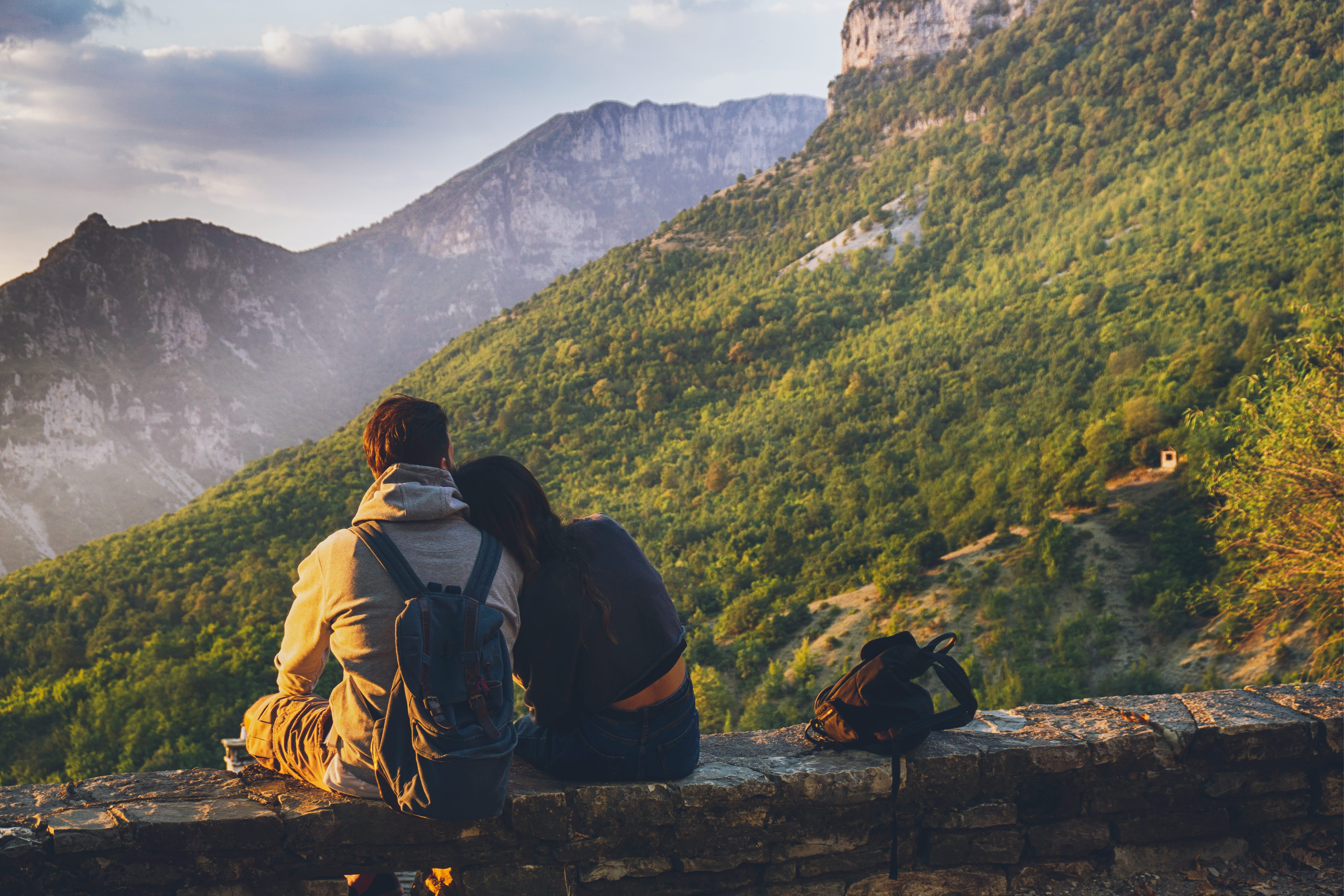 scenics - nature, hike, lifestyles, mountain range, couple, outdoors, men, nature, recreation, two people, peaks, tree, scenic, non-urban scene, couple - relationship, HD Wallpaper