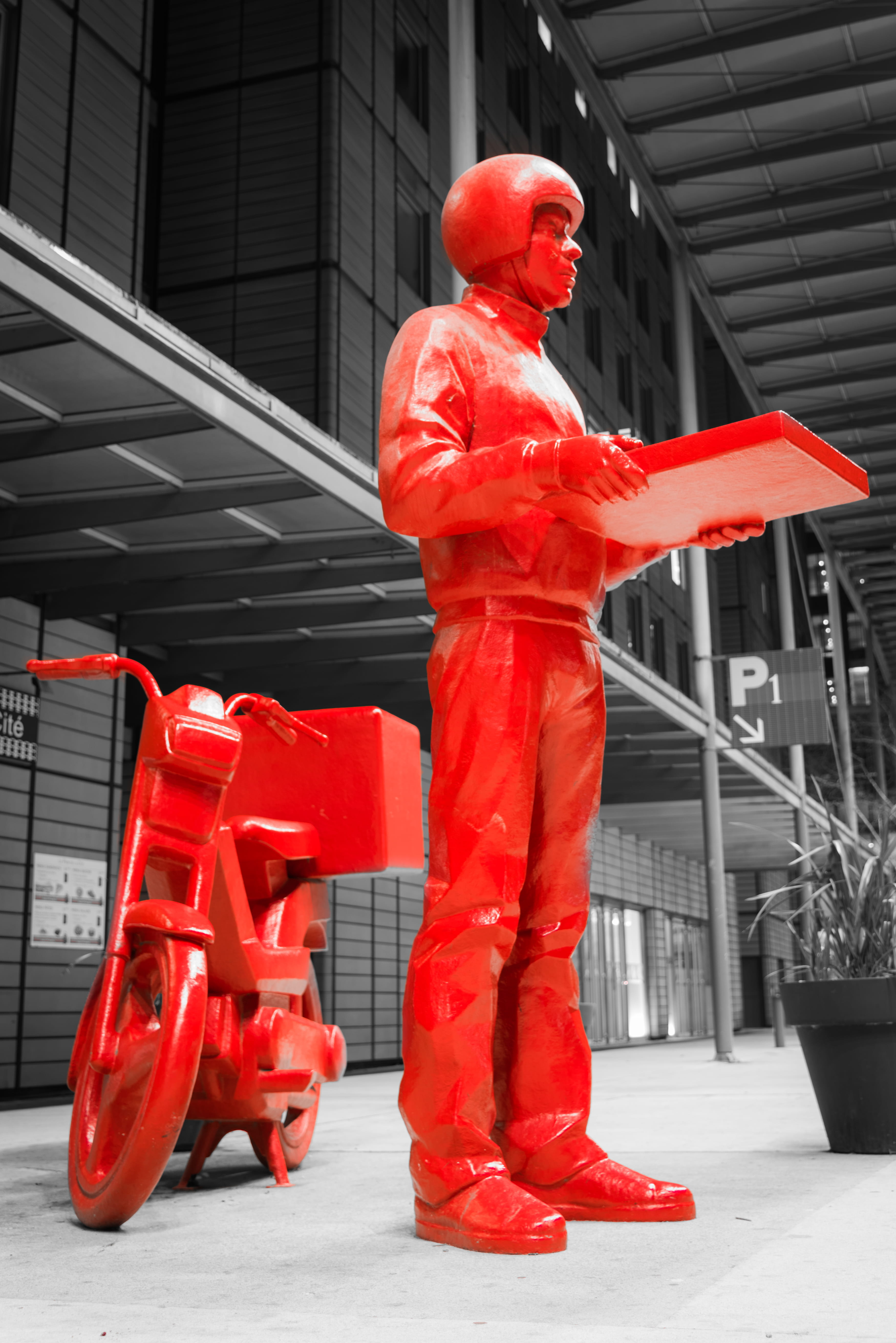 occupation, architecture, red, onlylyon, protection, protective workwear, one person, real people, clothing, lyon, helmet, 5K, day, full length, statue, Phone HD Wallpaper