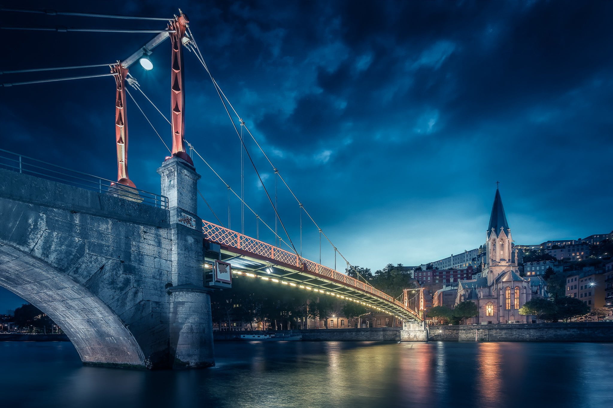 Lyon, France, river, bridge, 1080P, lights, HD Wallpaper
