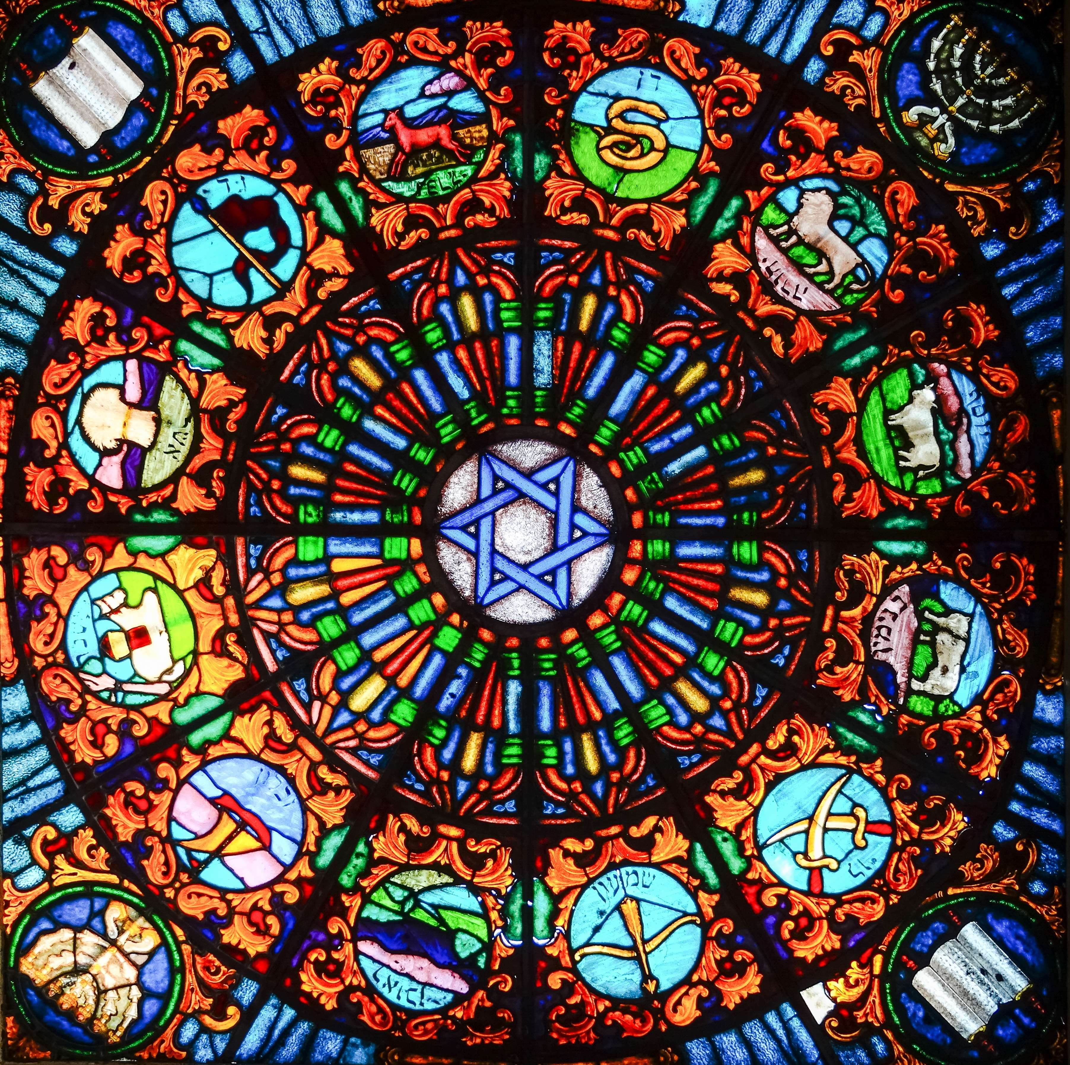built structure, building, glass window, religion, directly below, stained glass, circle, judaism, window, belief, jewish star, artfully, ornate, ancient art, HD Wallpaper