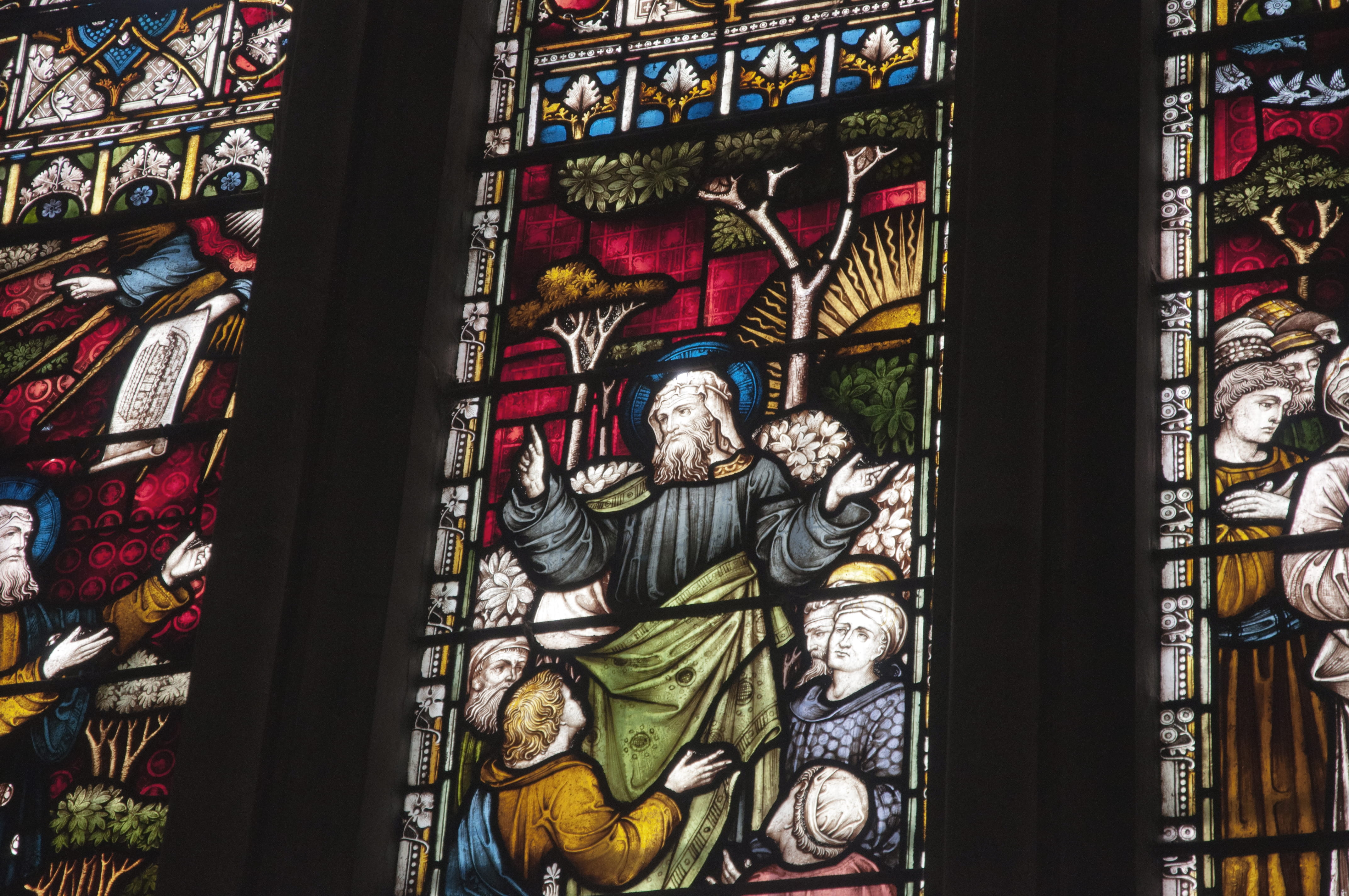 art and craft, male likeness, windows, indoors, building, day, christianity, church, stained, frame, built structure, iglesium, place of worship, craft, HD Wallpaper