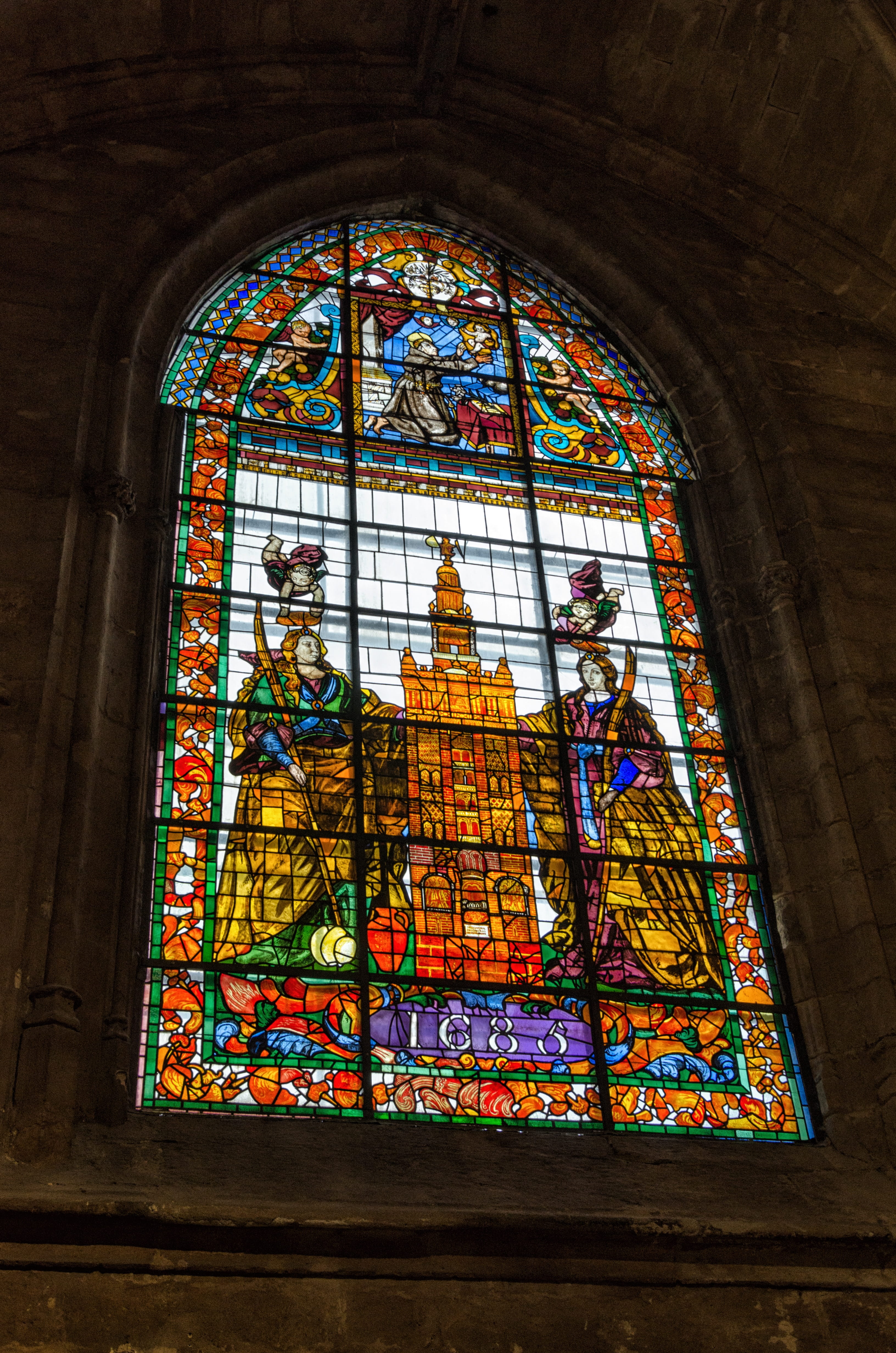 deity, creativity, art, building, indoors, lead glass, 4K, historically, old, no people, spain, art and craft, arch, place of worship, window, within, Phone HD Wallpaper
