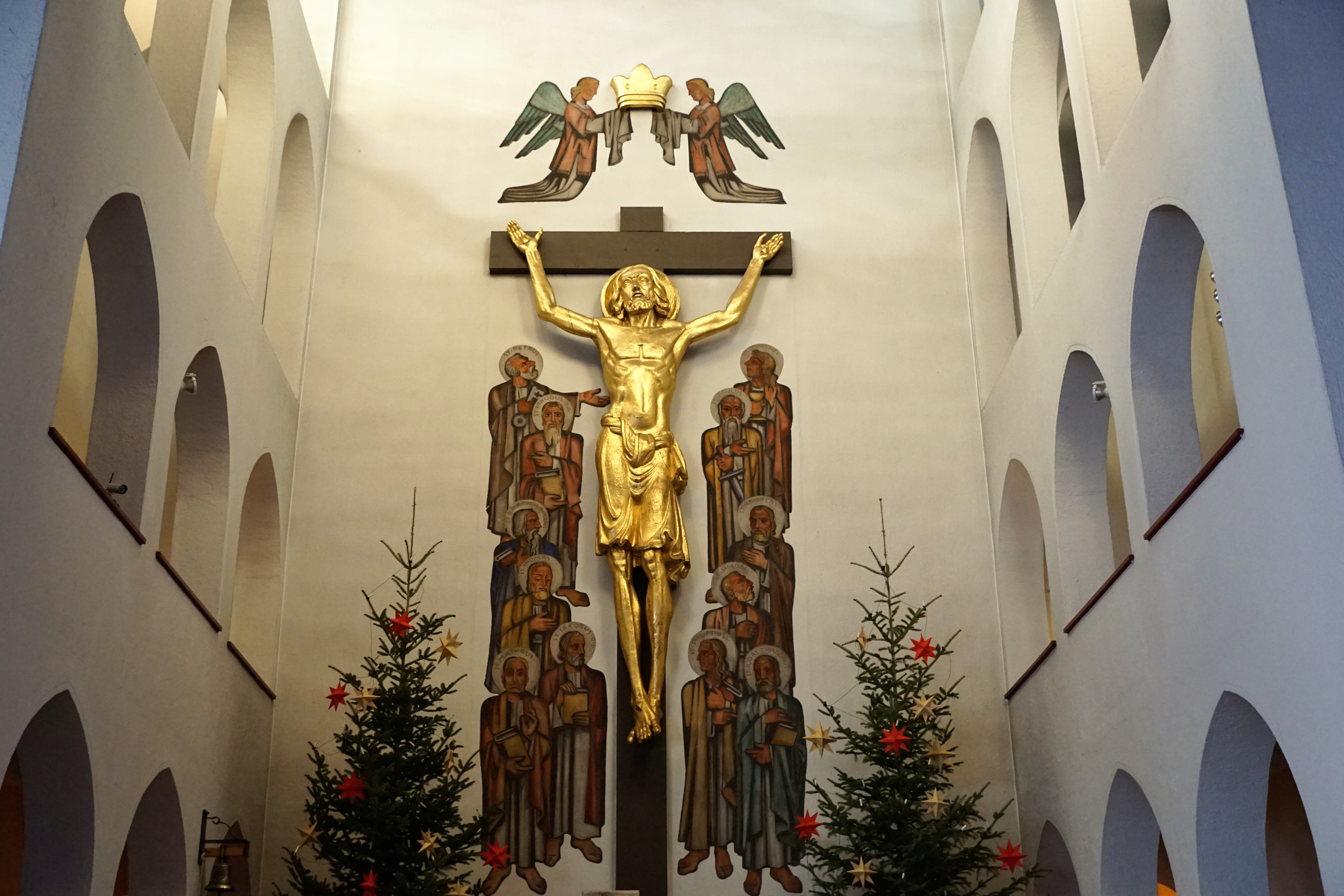 crucifix, jesus, low angle view, 5K, wall, altar, spirituality, craft, art and craft, gold colored, fir, gang, representation, architecture, belief, tuttlingen, HD Wallpaper