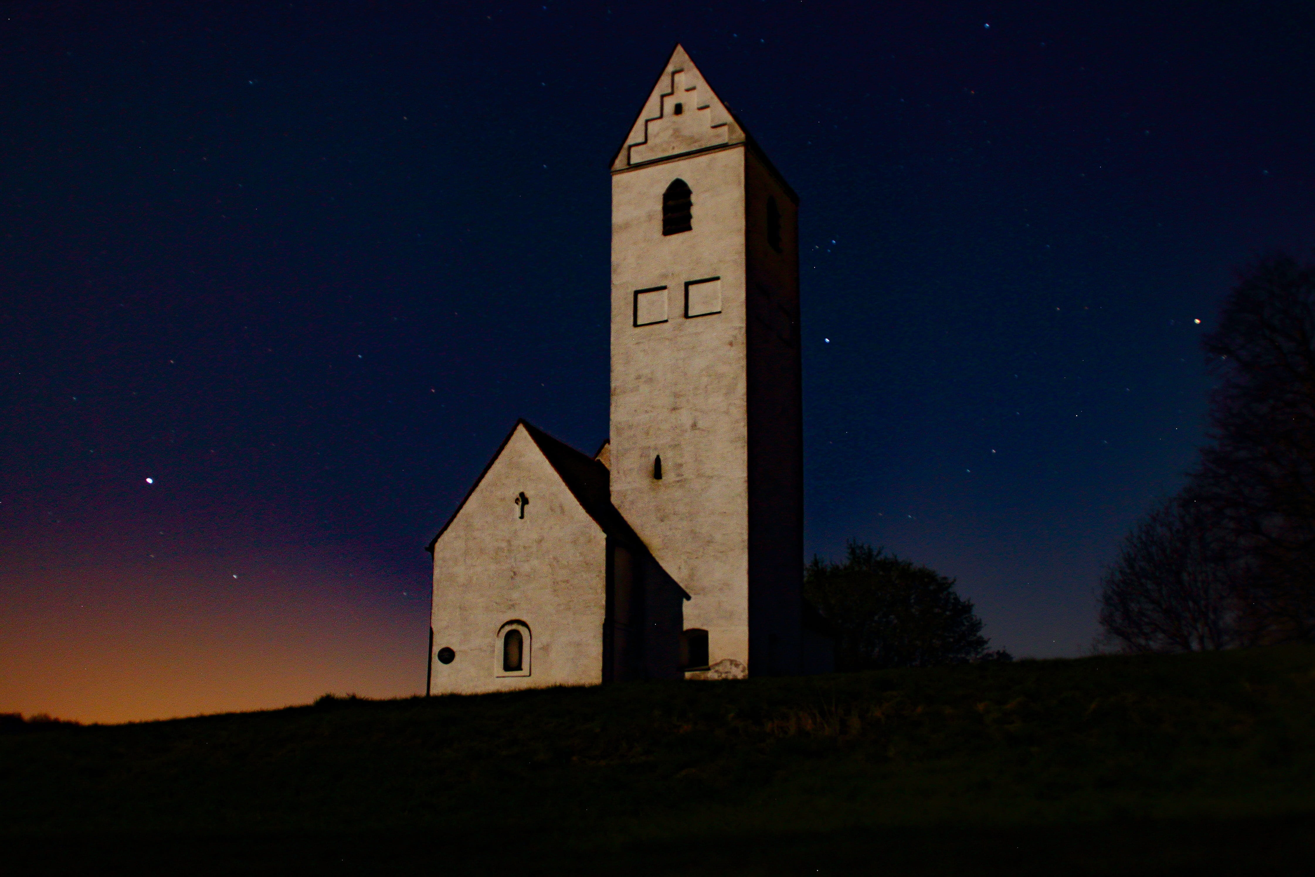 spirituality, dark, sunset, 4K, religion, tower, astronomy, at night, building, built structure, belief, night, christen, nature, moonlight, star - space, HD Wallpaper