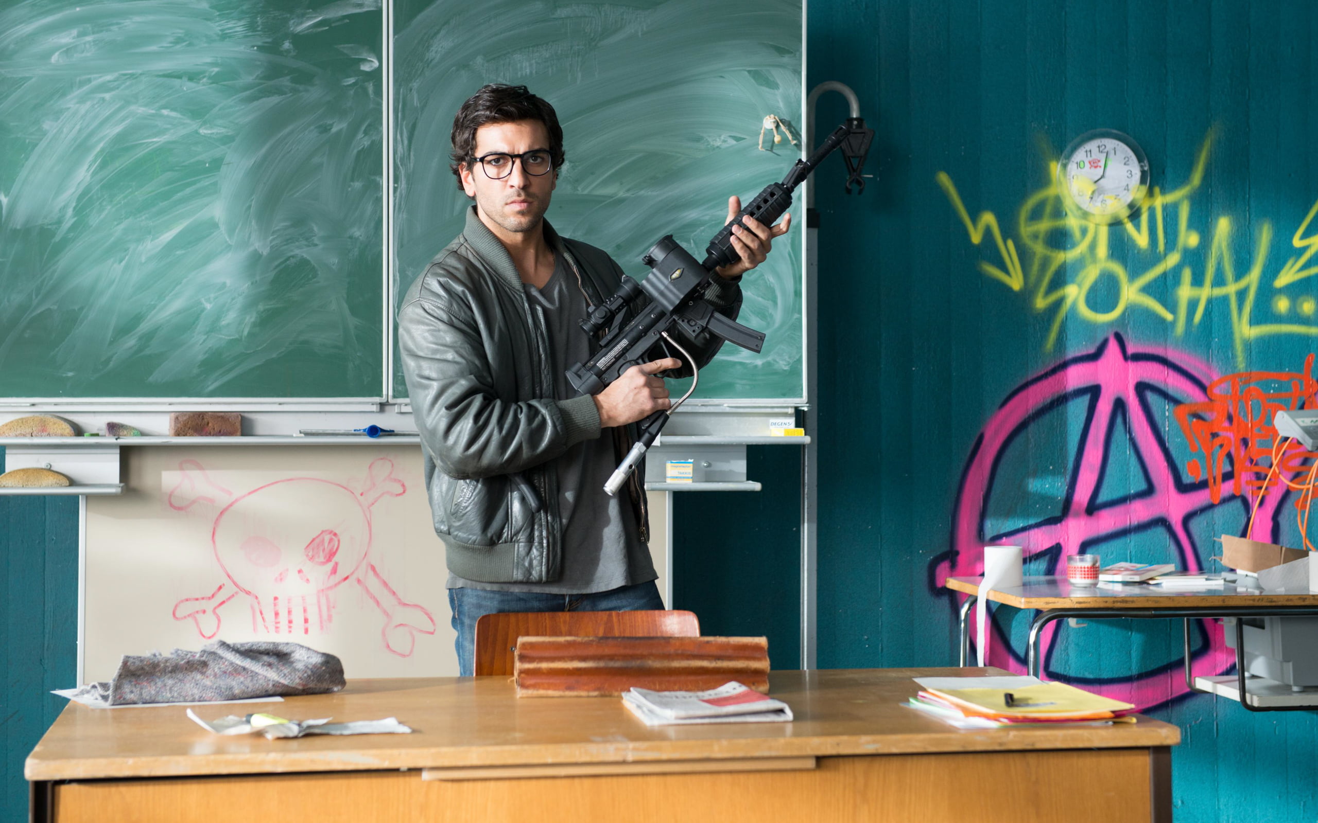 black, portrait, young men, Board, indoors, weapons, creativity, airsoft, young adult, Elyas MBarek, men, front view, teacher, glasses, three quarter length, HD Wallpaper