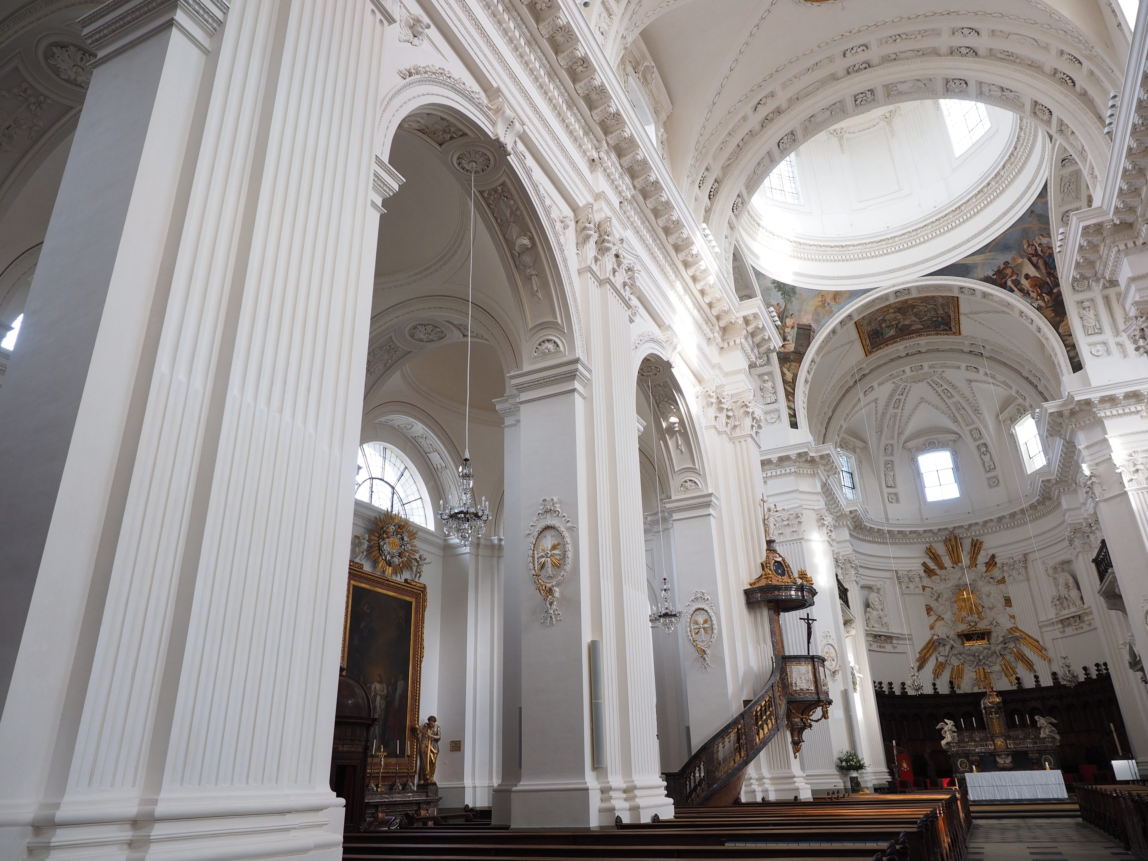 early classicist style, roman catholic, architecture, ceiling, low angle view, altar, famous Place, indoors, built Structure, Nave, Cathedral, solothurn, HD Wallpaper