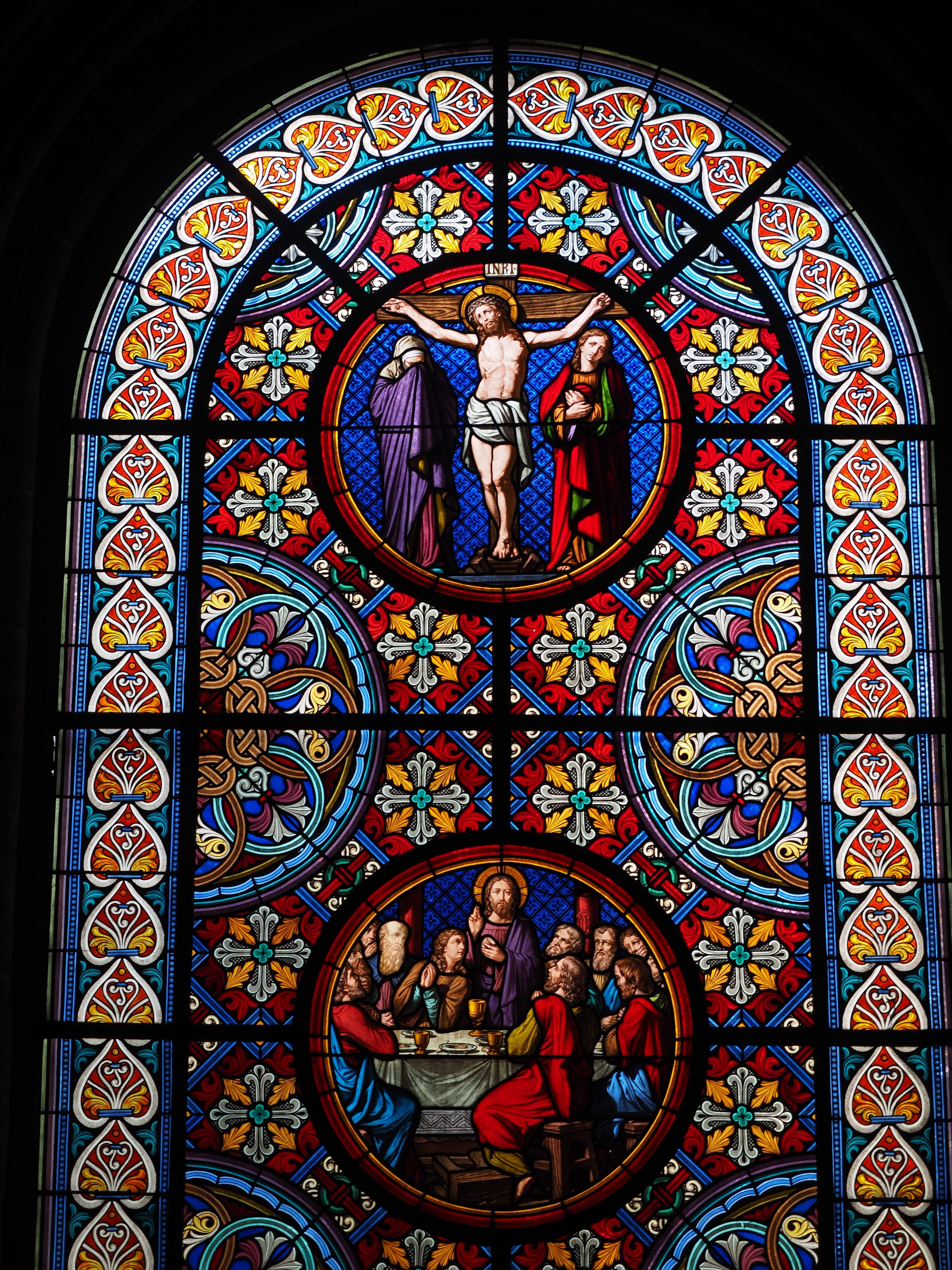 color, pattern, glass, window, built structure, basel cathedral, human representation, 4K, stained glass, multi colored, window panes, christ, münster, Phone HD Wallpaper