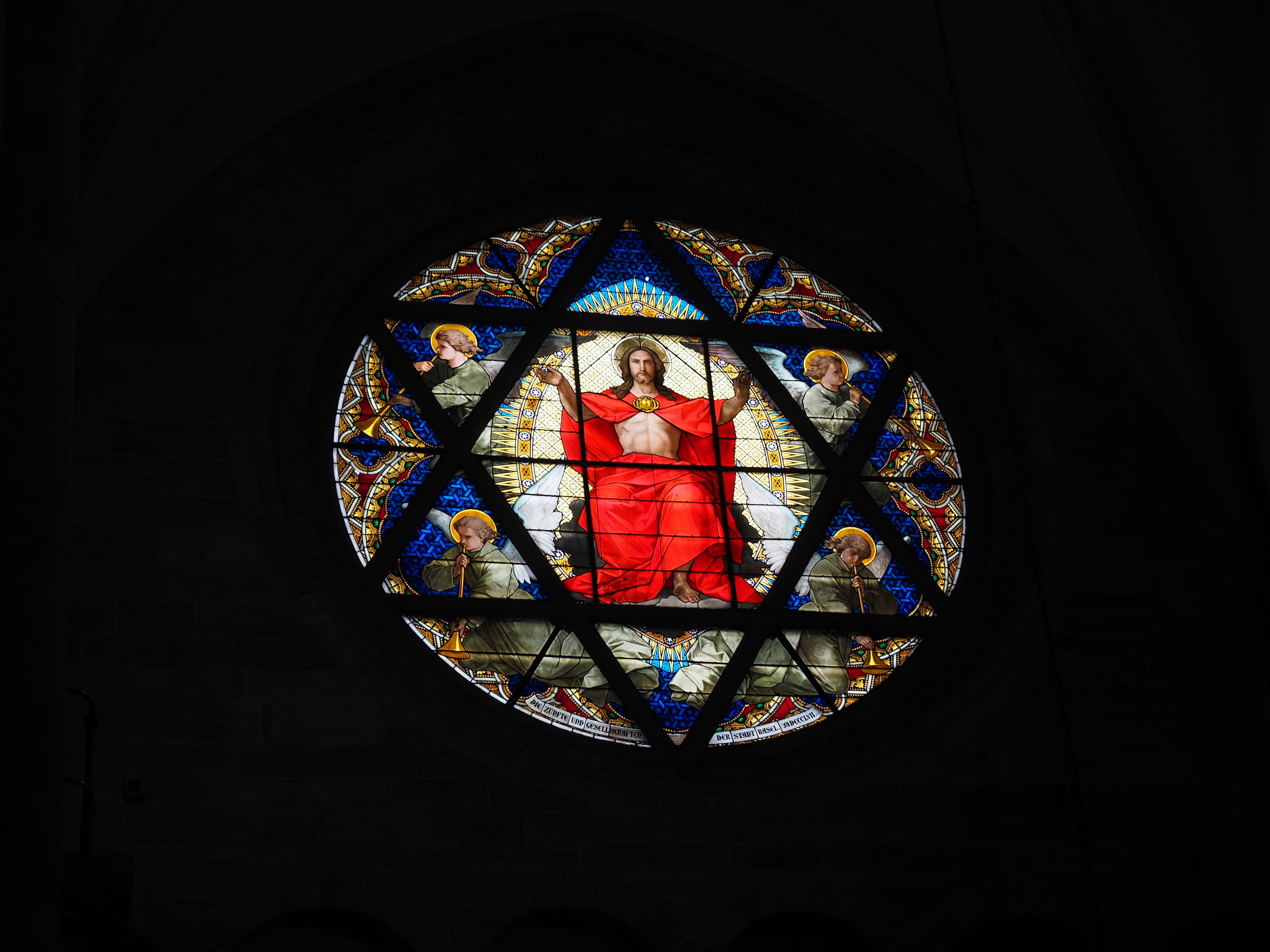 glass window, dark, geometric shape, christ, max ainmüller, ceiling, round, indoors, jesus, christ window, glass - material, art and craft, star of david, HD Wallpaper